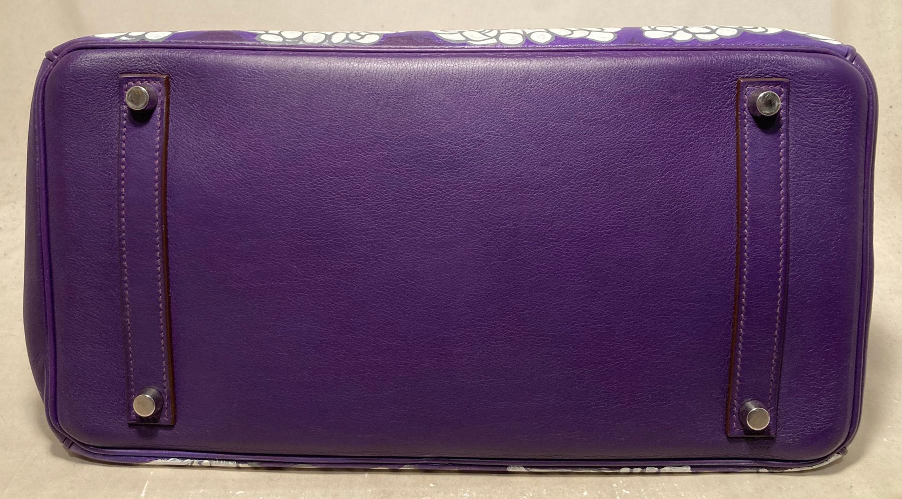 Hermes Purple Swift Leather Birkin 35 with Hand Painted Cranes & Chrysanthemums In Excellent Condition In Philadelphia, PA