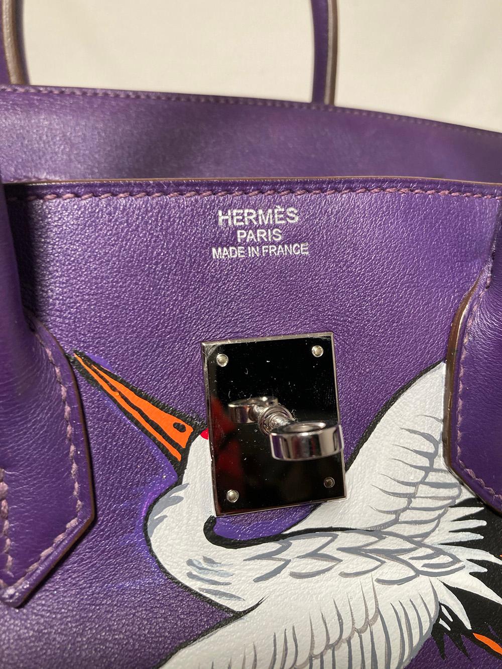 Hermes Purple Swift Leather Birkin 35 with Hand Painted Cranes & Chrysanthemums 2