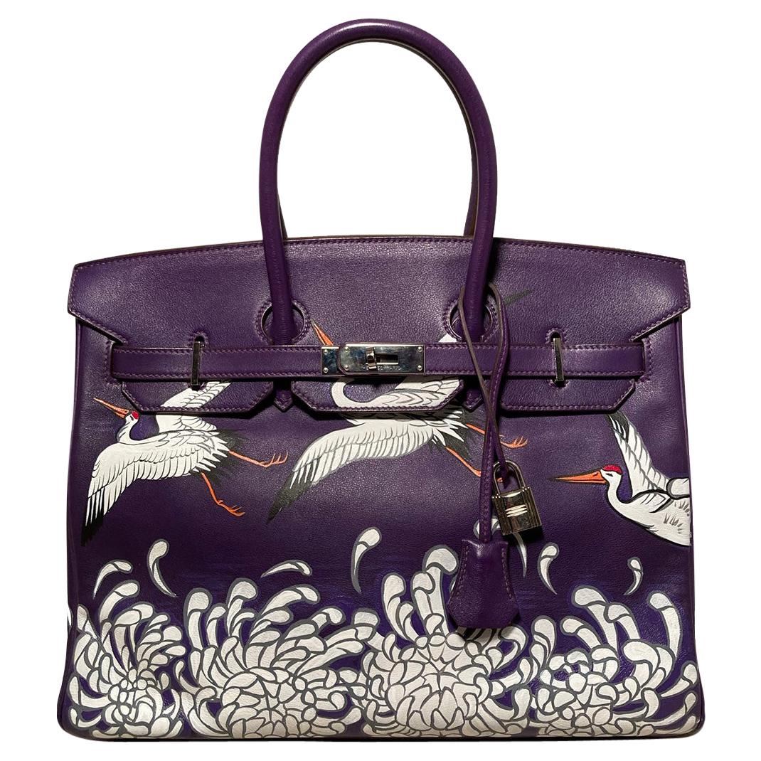 Hermes Purple Swift Leather Birkin 35 with Hand Painted Cranes & Chrysanthemums