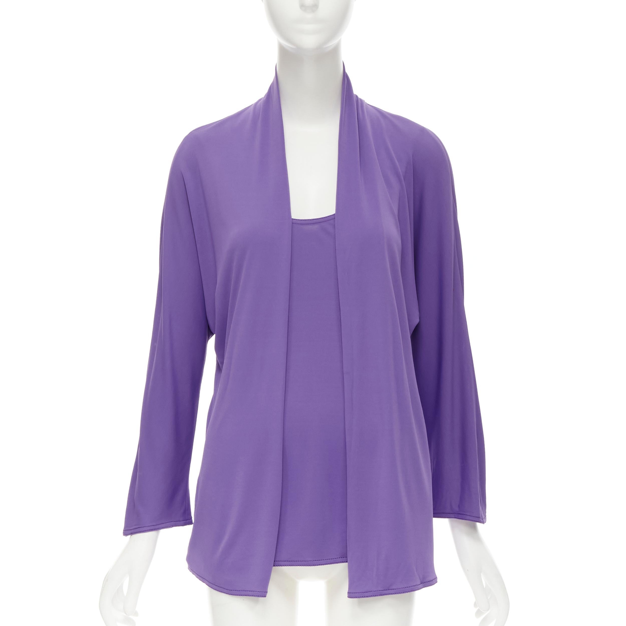 HERMES purple viscose scoop neck double layered belted cardigan top FR38 S 
Reference: JYLM/A00015 
Brand: Hermes 
Material: Viscose 
Color: Purple 
Pattern: Solid 
Closure: Belted 
Extra Detail: Faux layered front. Belt loop slit at side seams.