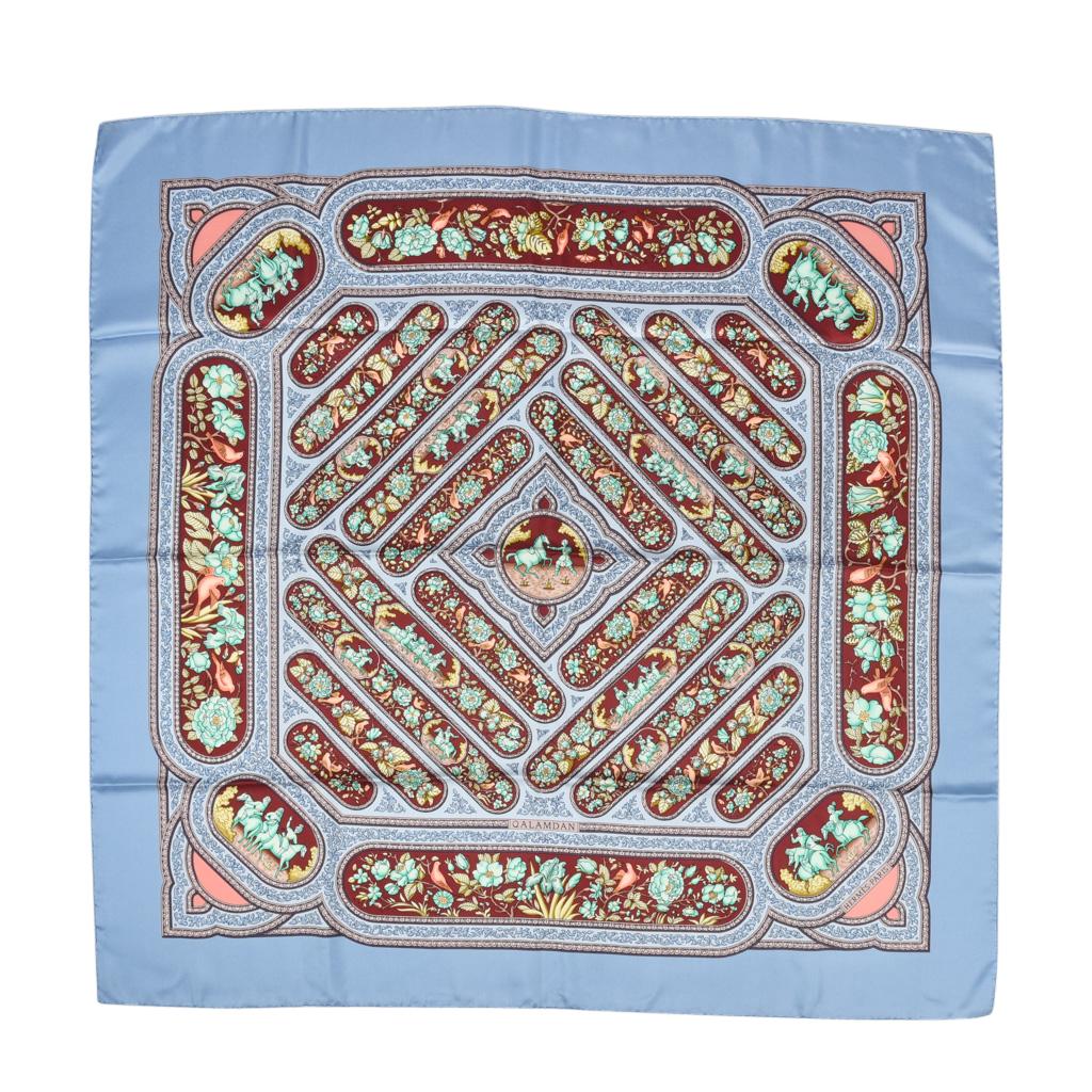 Guaranteed authentic Hermes silk scarf Qalamdan blue motif.
Vintage scarf with signature hand rolled edge.
Persian motif.
Principal color is blue with burgundy, green and taupe.
final sale

SCARF MEASURES:
89 cm X 89 cm
27.25