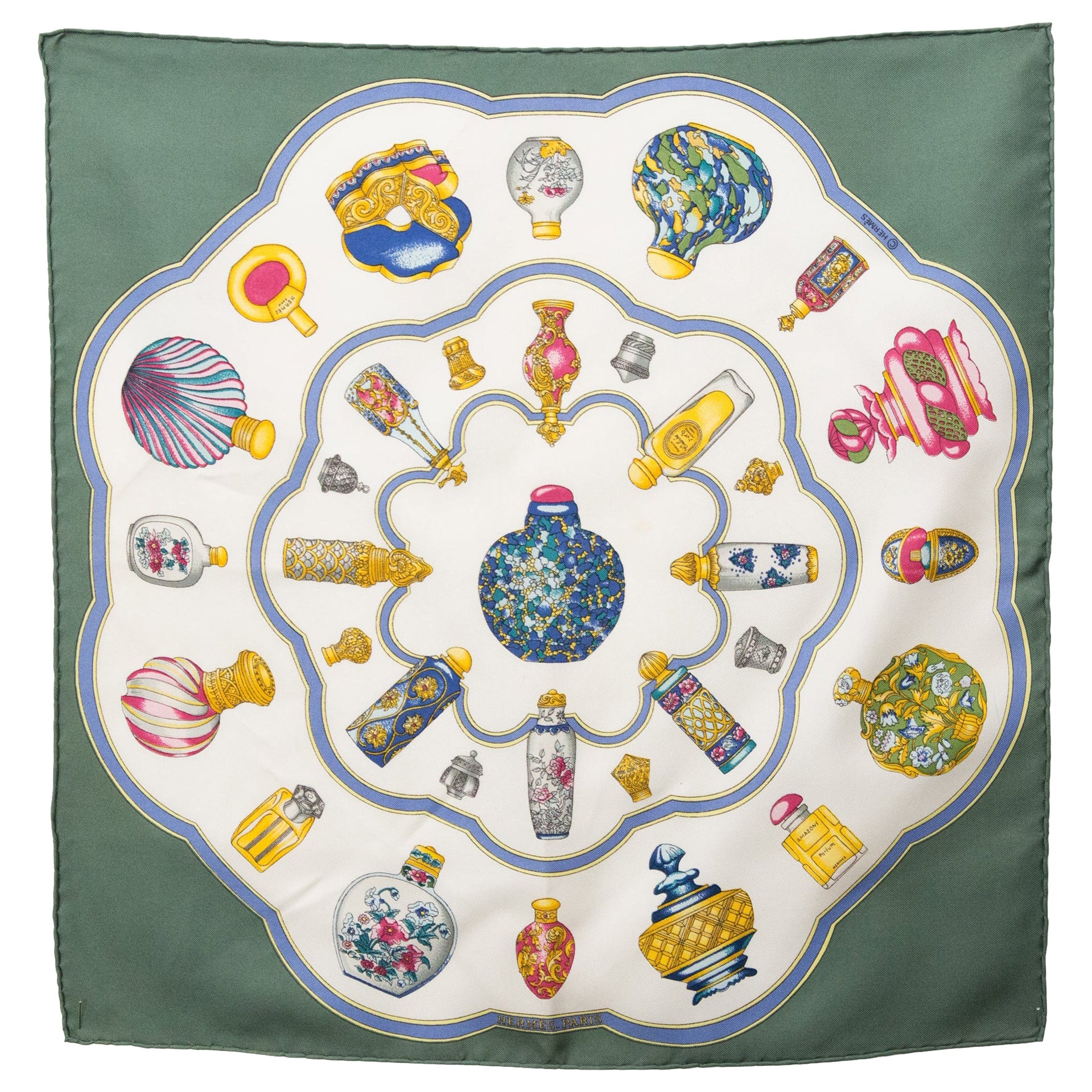 Hermes Qu Importe le Flacon... by C  Baschet Paris Small Silk Scarf For Sale