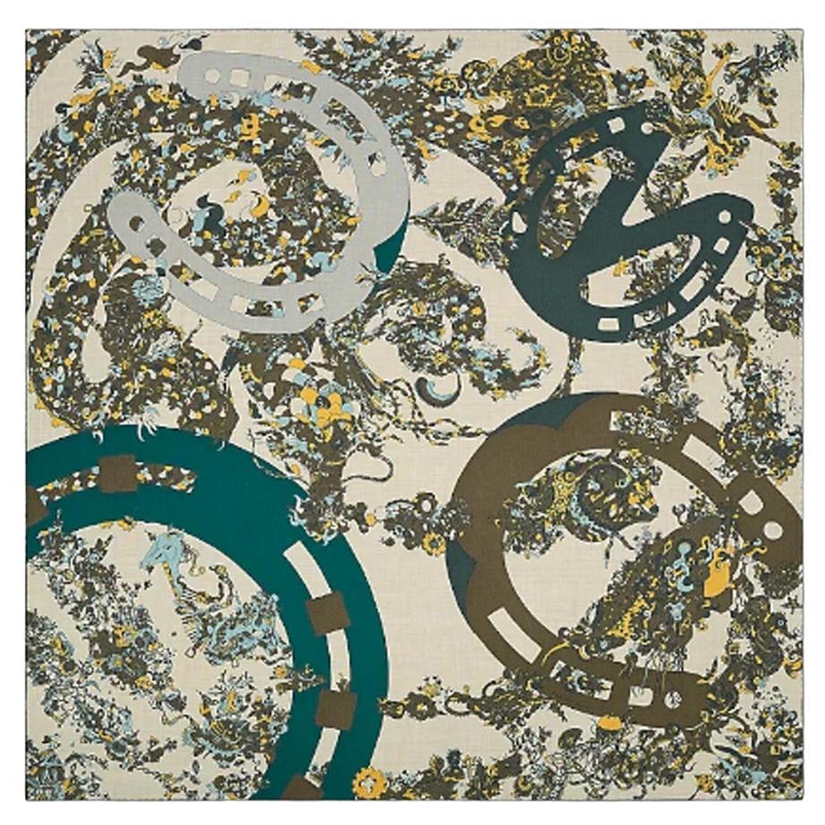 Hermes Quatre Chevaux scarf 100 Naturel Kaki Bleu Givre Cashmere, Silk