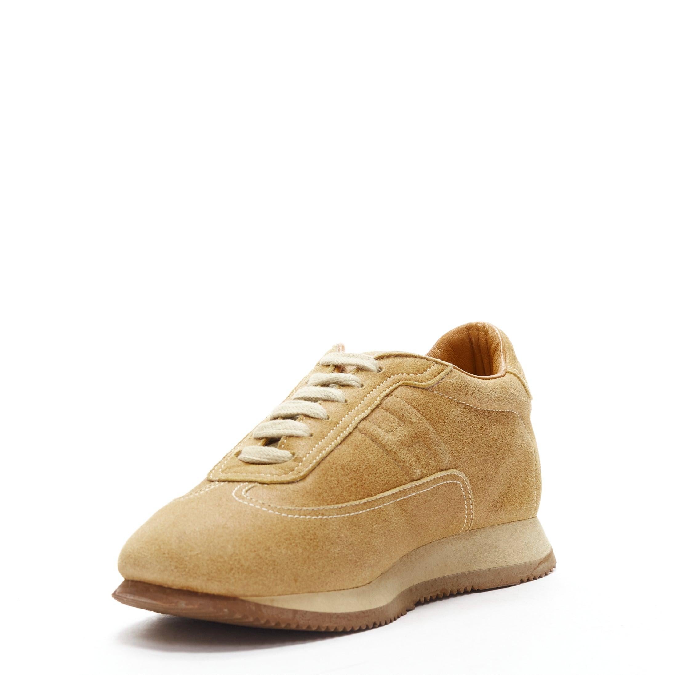 HERMES Quick tan suede H logo low top sneakers EU37.5 In Good Condition For Sale In Hong Kong, NT