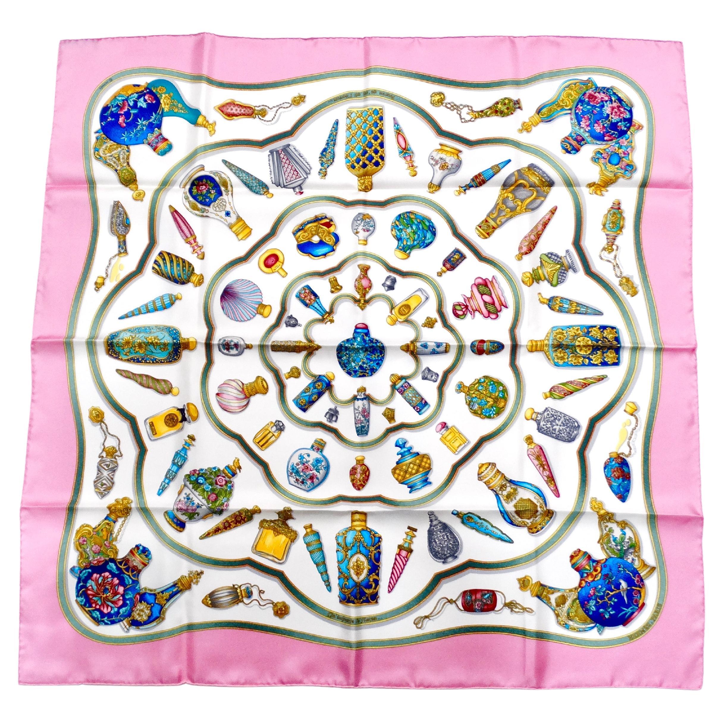 Hermes "Qu'importe le Flacon" Perfume Print Silk Scarf circa 1980s For Sale