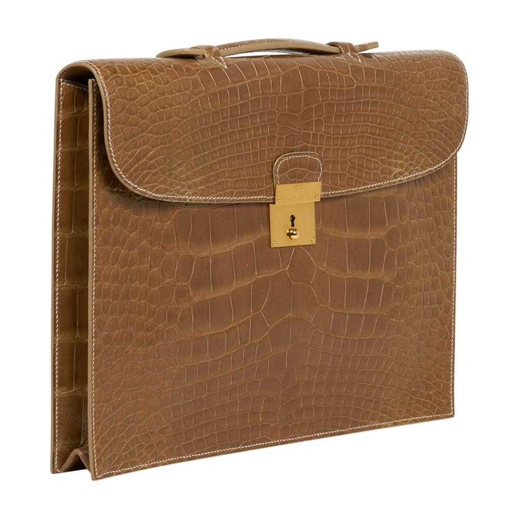 Brown Hermes Quirus Briefcase / Portfolio / Attache Ficelle Alligator Gold Hardware