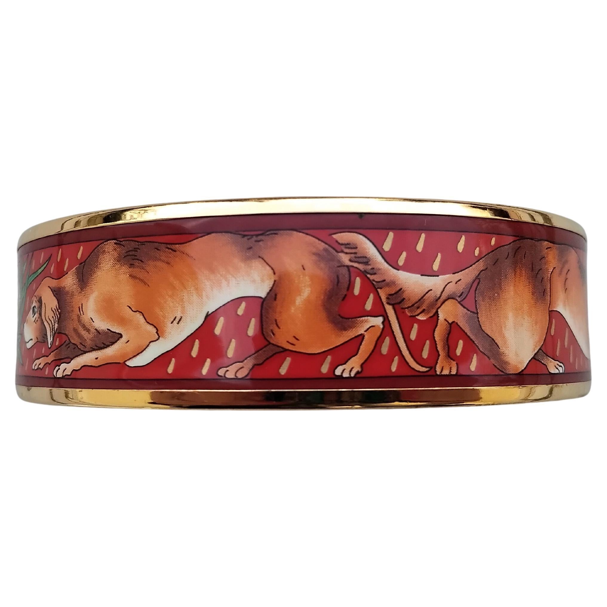 Hermès RabbitS Dogs Print Enamel Matching Bracelet Earrings Gold Hdw Size 70 Pour femmes en vente