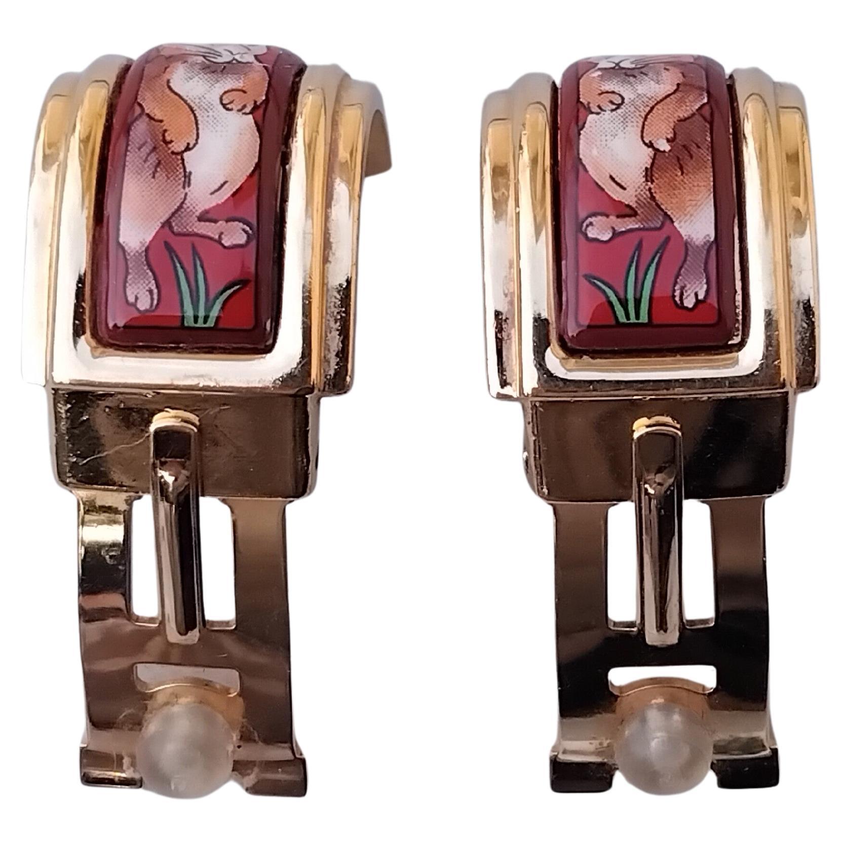 Hermès RabbitS Dogs Print Enamel Matching Bracelet Earrings Gold Hdw Size 70 en vente 5