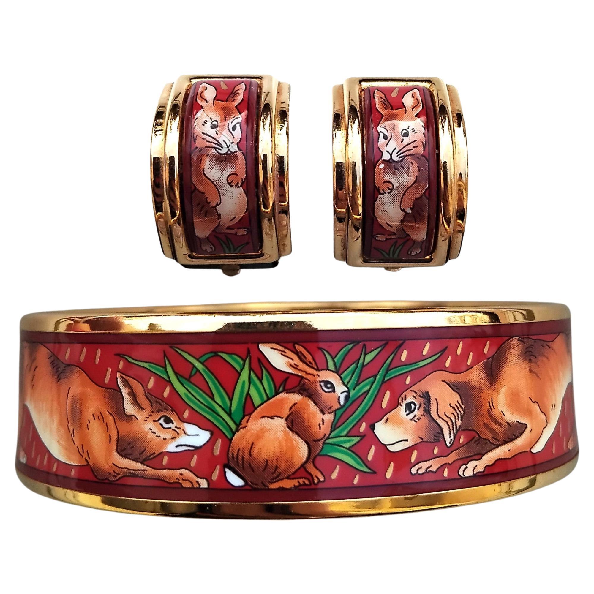 Hermès RabbitS Dogs Print Enamel Matching Bracelet Earrings Gold Hdw Size 70