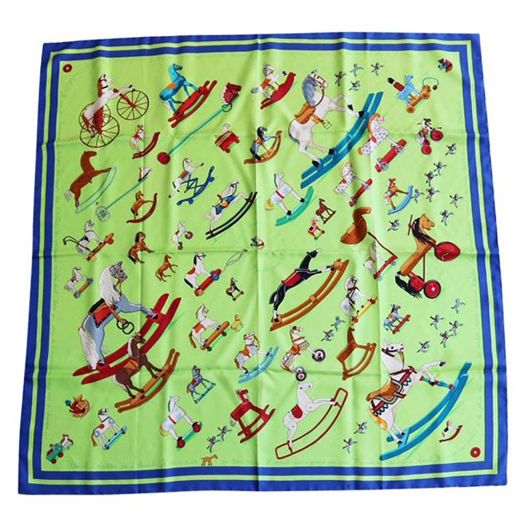 Hermes Raconte-moi le Cheval Blue and Neon Green Toy print Scarf 