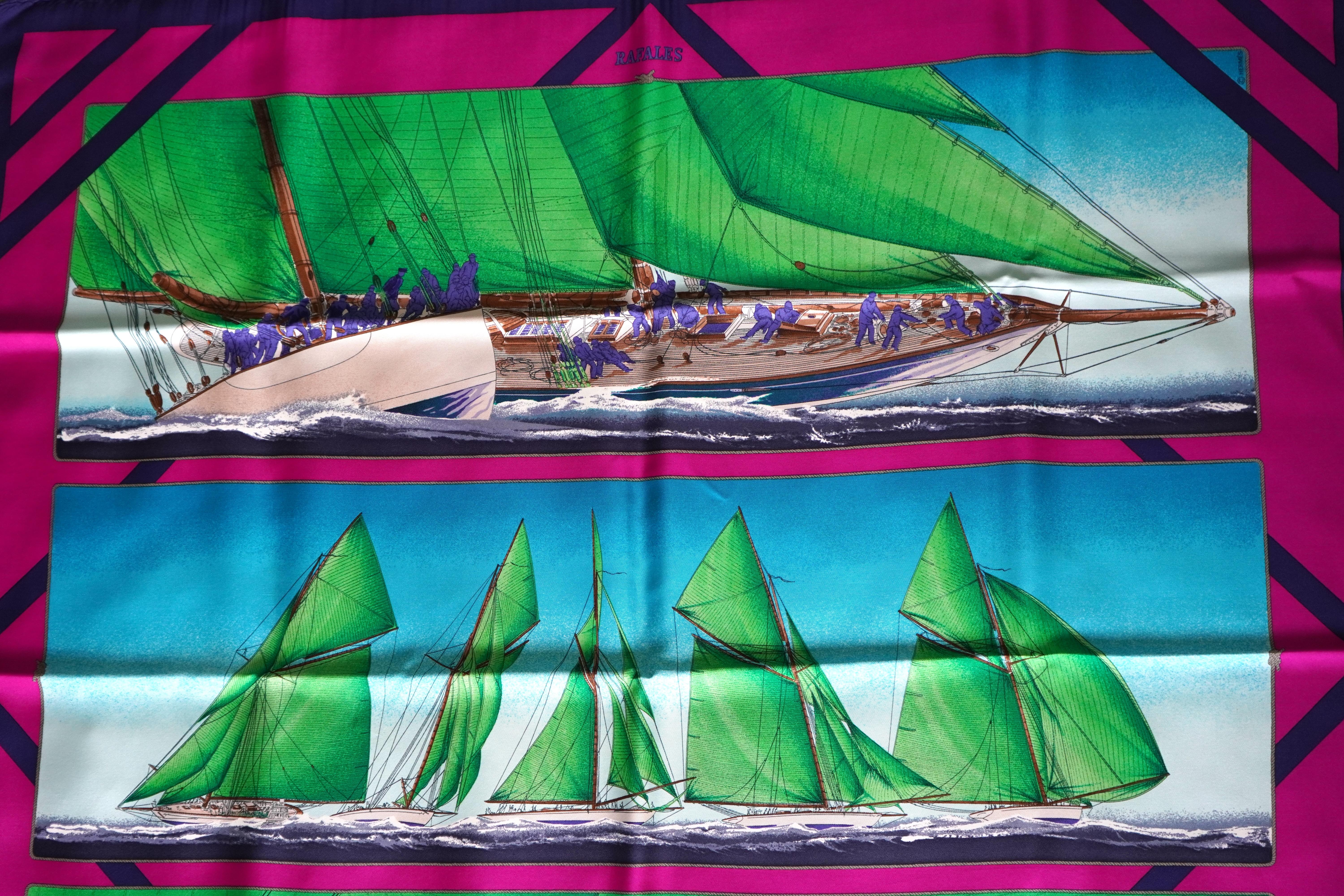 Blue Hermes Rafales Sailing Silk Scarf by Yannick Manier For Sale