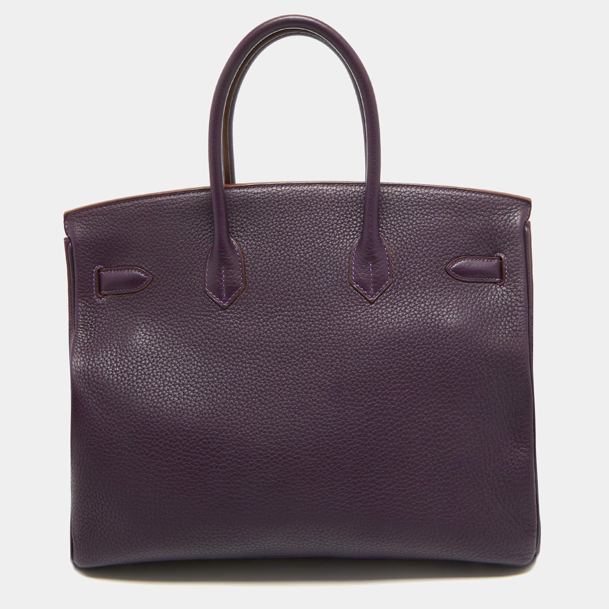 Hermes Raisin Taurillon Clemence Birkin 35 Tasche aus Leder mit Palladium-Finish im Angebot 7