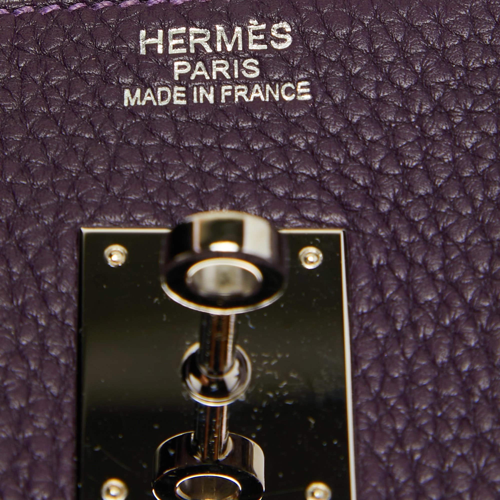 Hermes Raisin Taurillon Clemence Birkin 35 Tasche aus Leder mit Palladium-Finish im Angebot 4