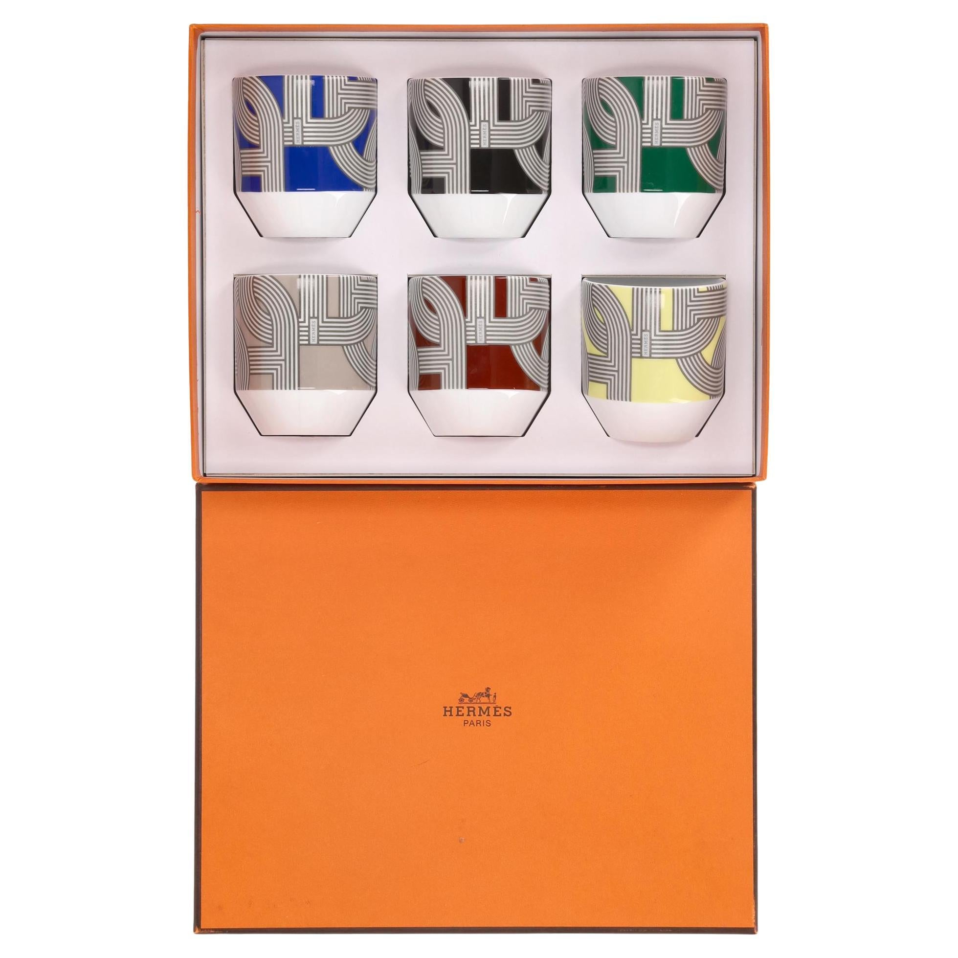 Hermes Rallye 24 Set of 6 Limoge Porcelain Tumblers