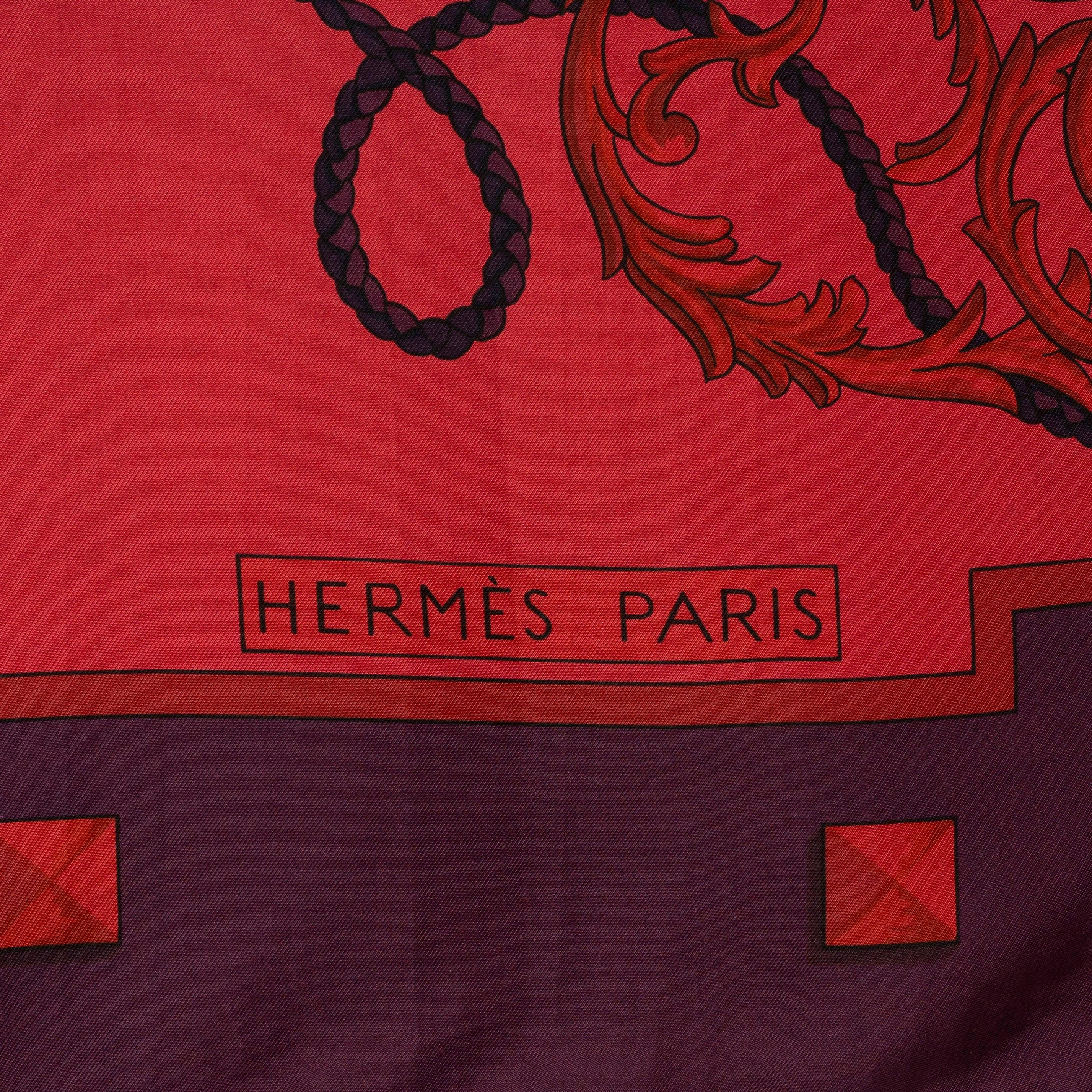 Red HERMES rapsberry eggplant silk LES CLES 140 SURTEINT DIP DYE Scarf