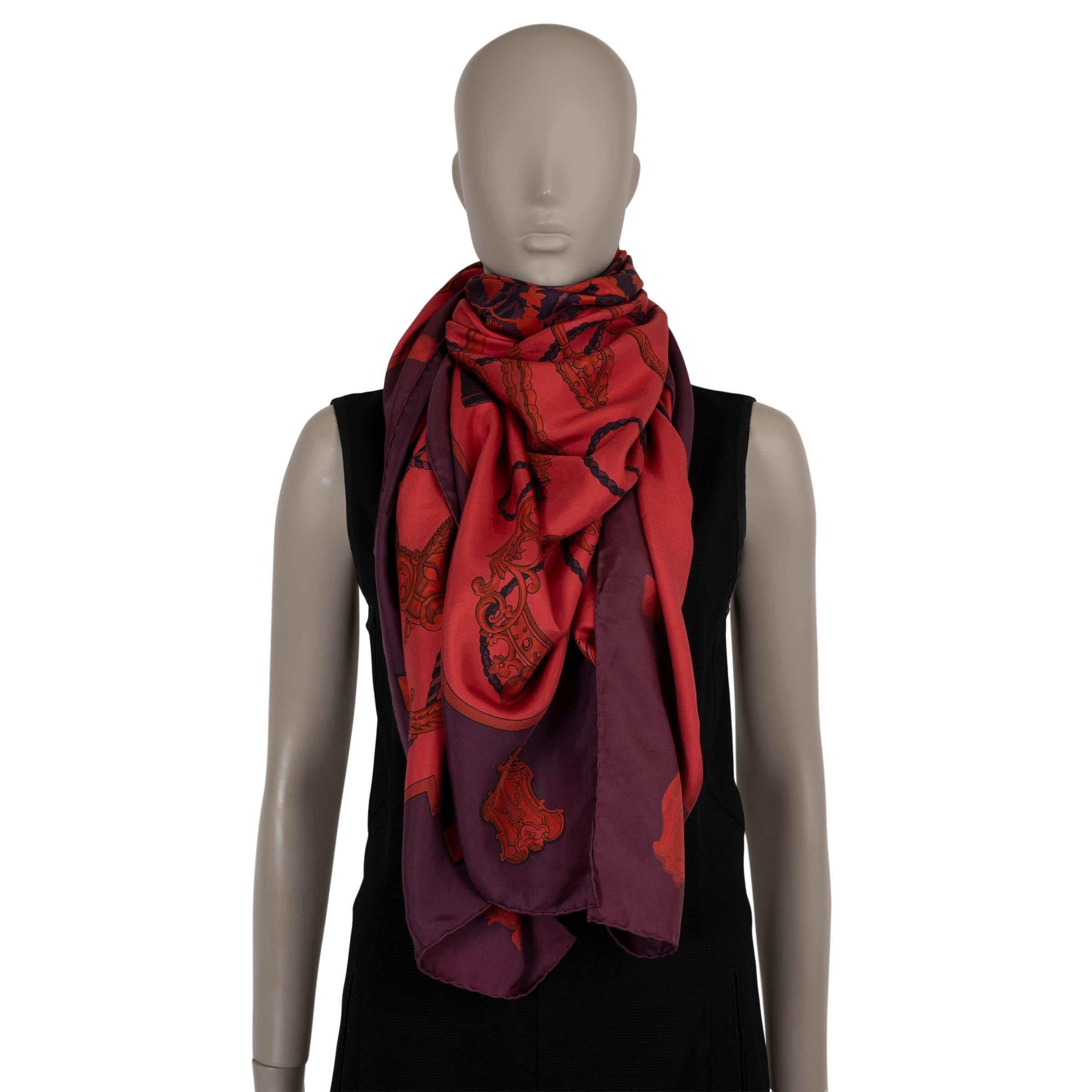 HERMES rapsberry eggplant silk LES CLES 140 SURTEINT DIP DYE Scarf 1