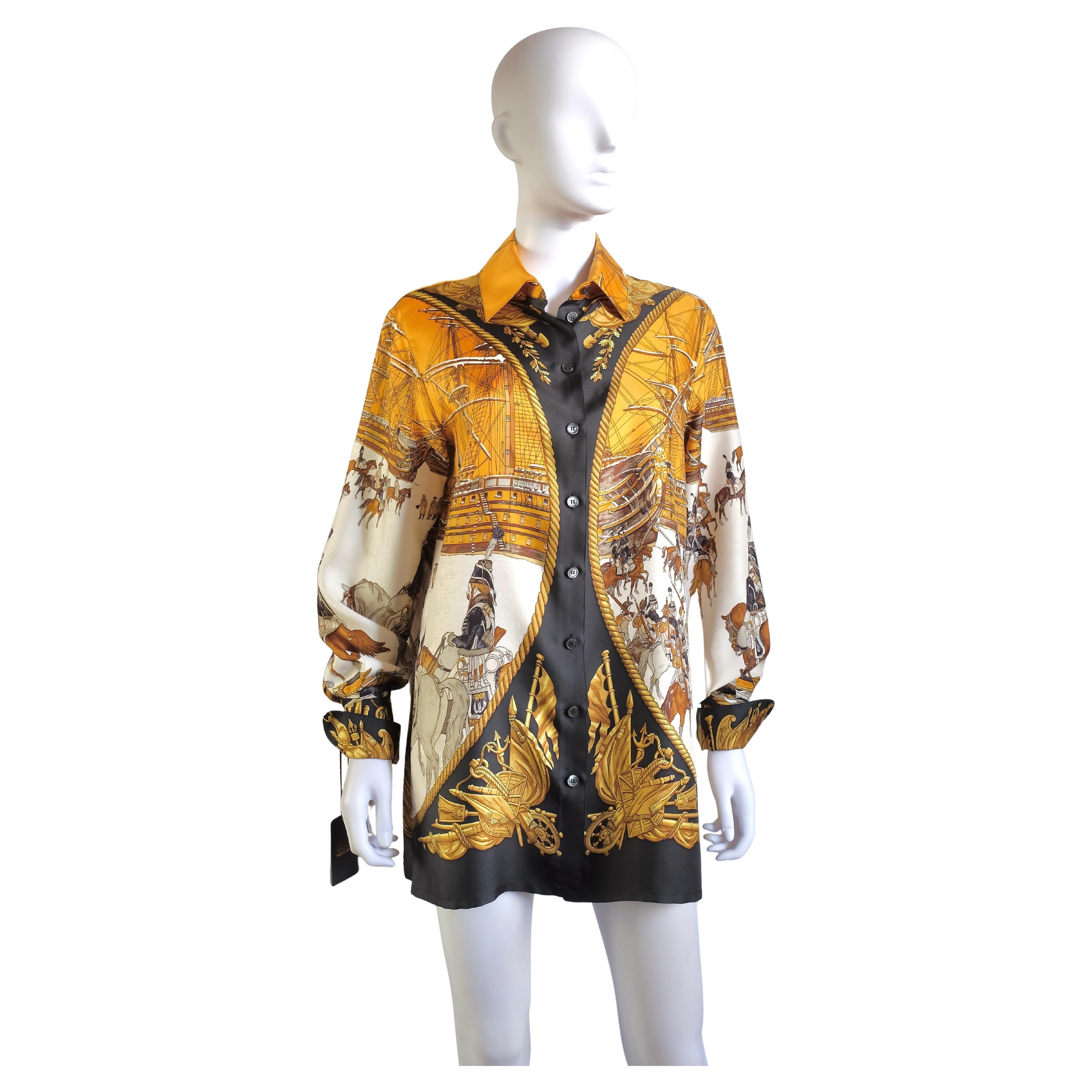 HERMÈS - Rara camicia in pura seta "MARINE ET CAVALERIE" By Philipe Ledoux