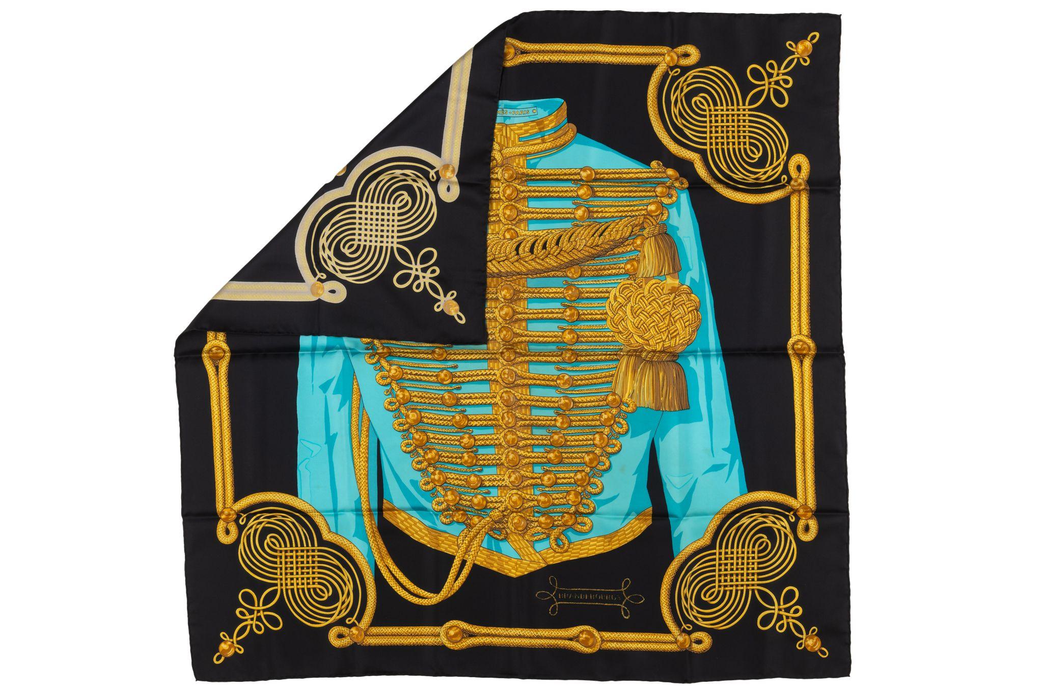 Hermes Brandebourgs Scarf, 100% silk with rolled edges. Rare black and turquoise color combination. Please note little spots, please refer to photo.