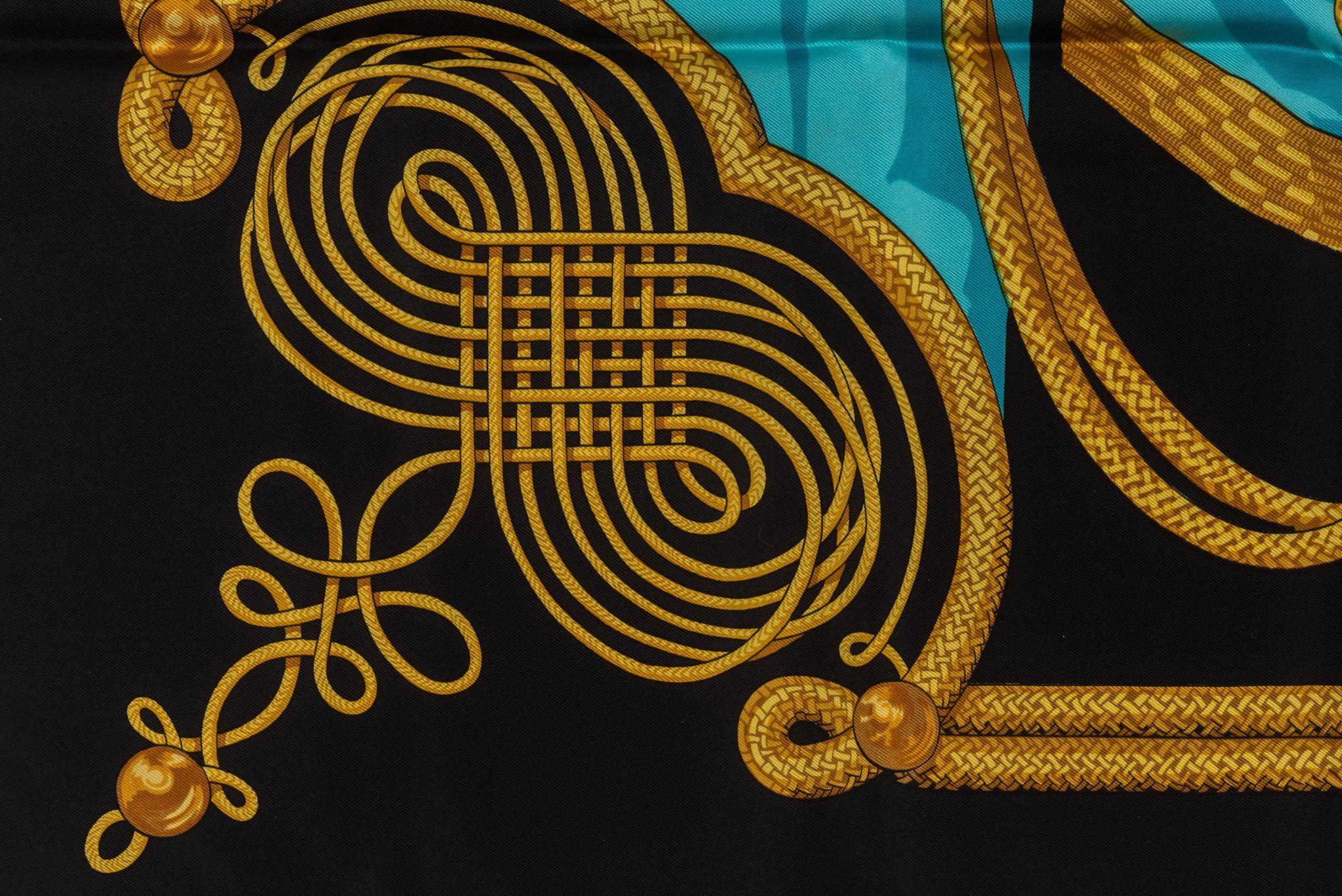 Women's or Men's Hermes Rare Black Brandebourg Silk Scarf For Sale
