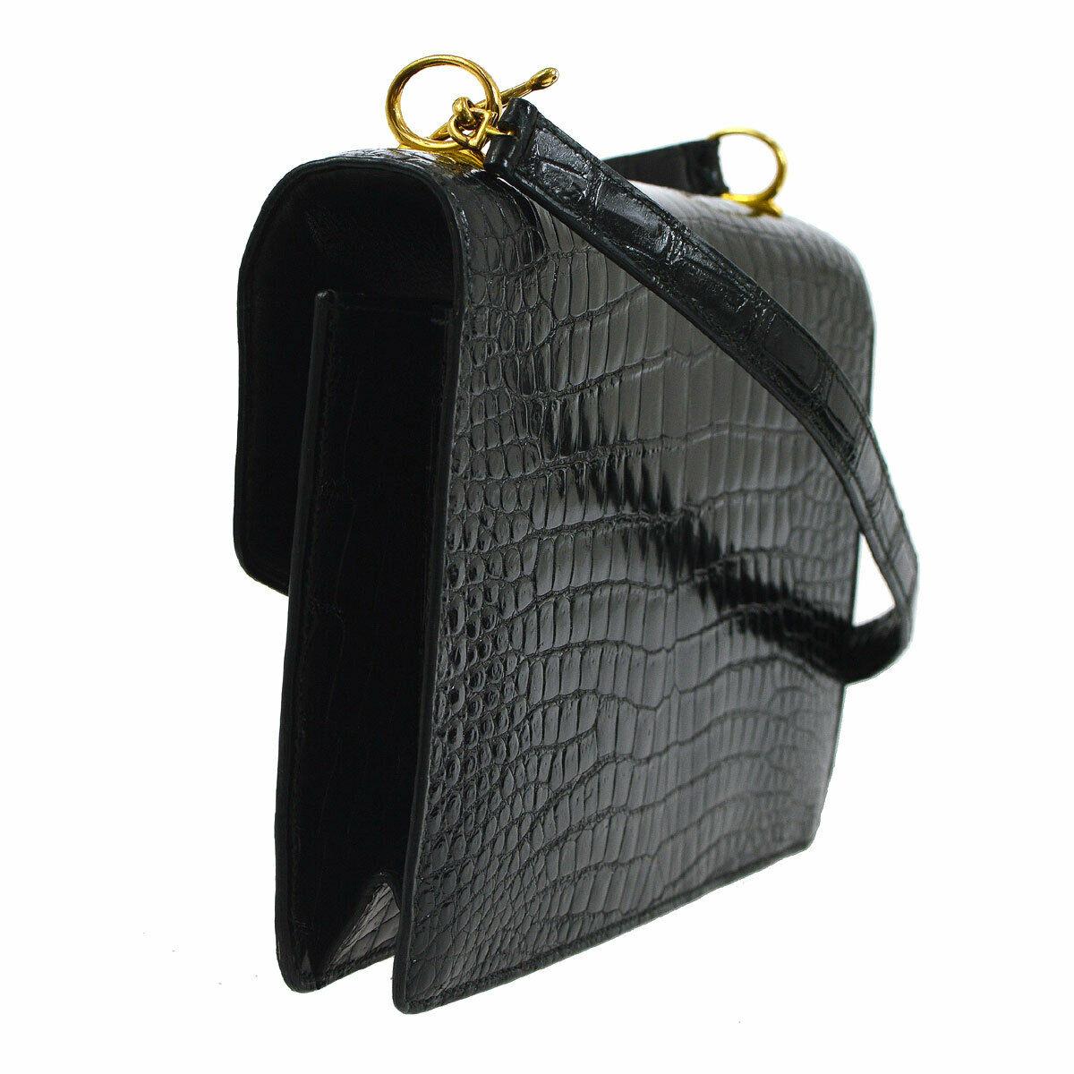 Women's Hermes Rare Black Crocodile Leather Gold Evening Shoulder Flap Bag in Box
