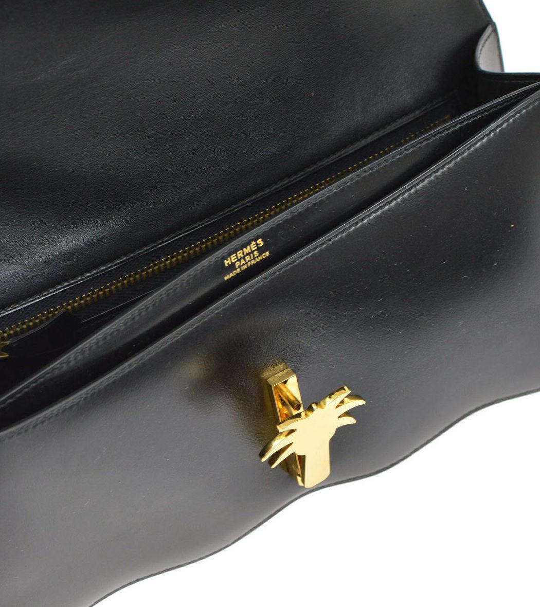 Hermes Rare Black Leather Gold Charm Evening Shoulder Flap Bag In Good Condition In Chicago, IL