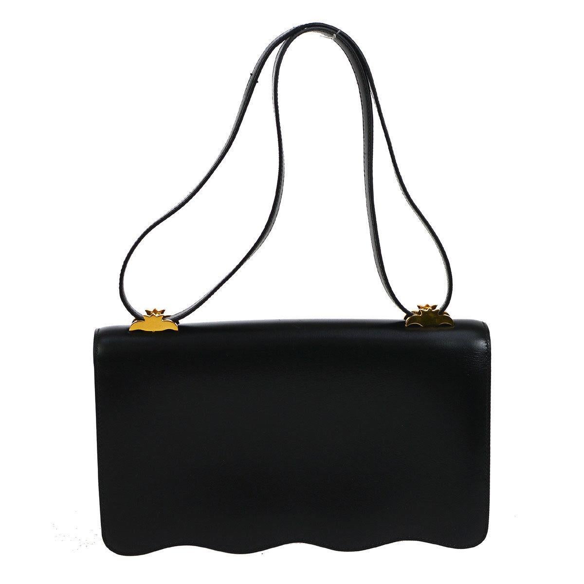 Women's Hermes Rare Black Leather Gold Charm Evening Shoulder Flap Bag