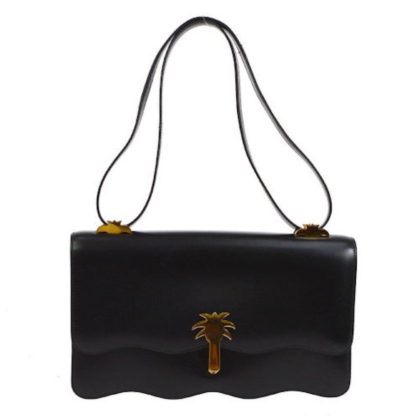 Hermes Rare Black Leather Gold Charm Evening Shoulder Flap Bag