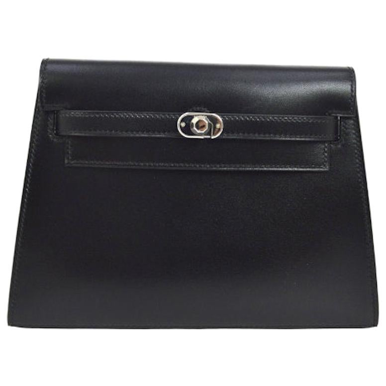 Hermes Rare Black Leather Silver Turnlock Evening Flap Clutch Bag 