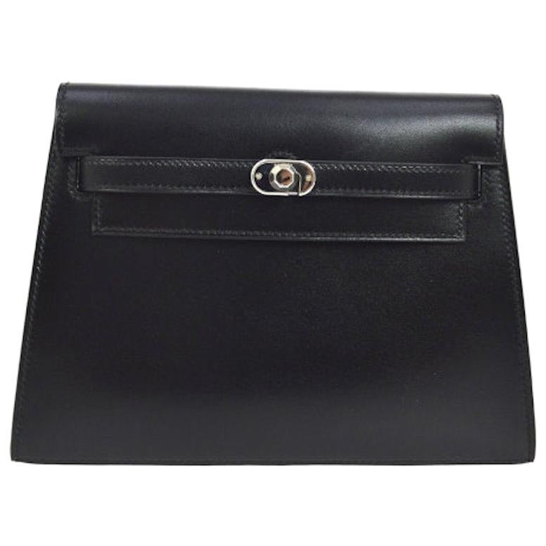Hermes Rare Black Leather Silver Turnlock Evening Flap Clutch Bag For Sale