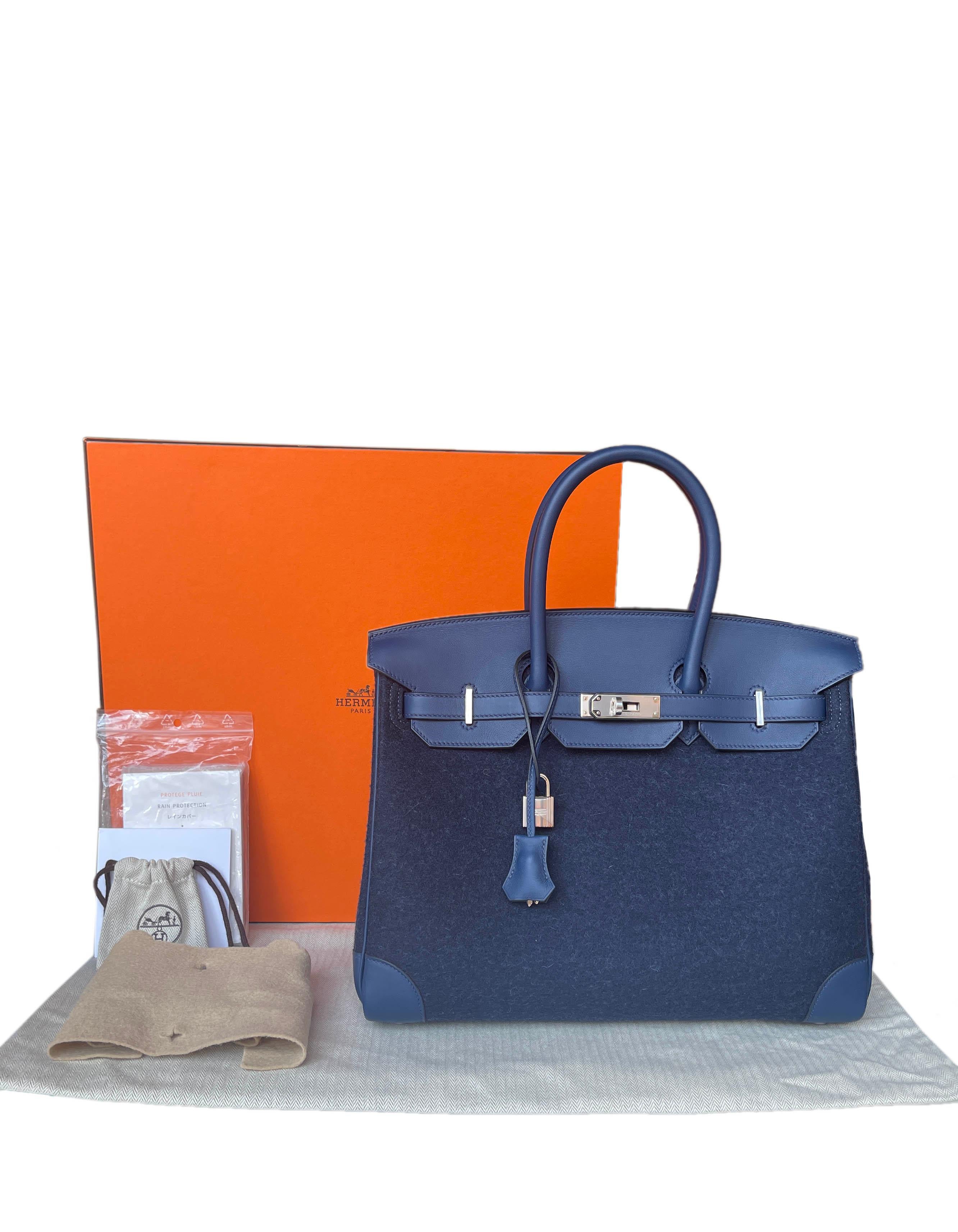 Hermes RARE Bleu Nuit / Blue De Malte Feutre/ Swift 35cm Birkin Bag w/ Box & DB 7