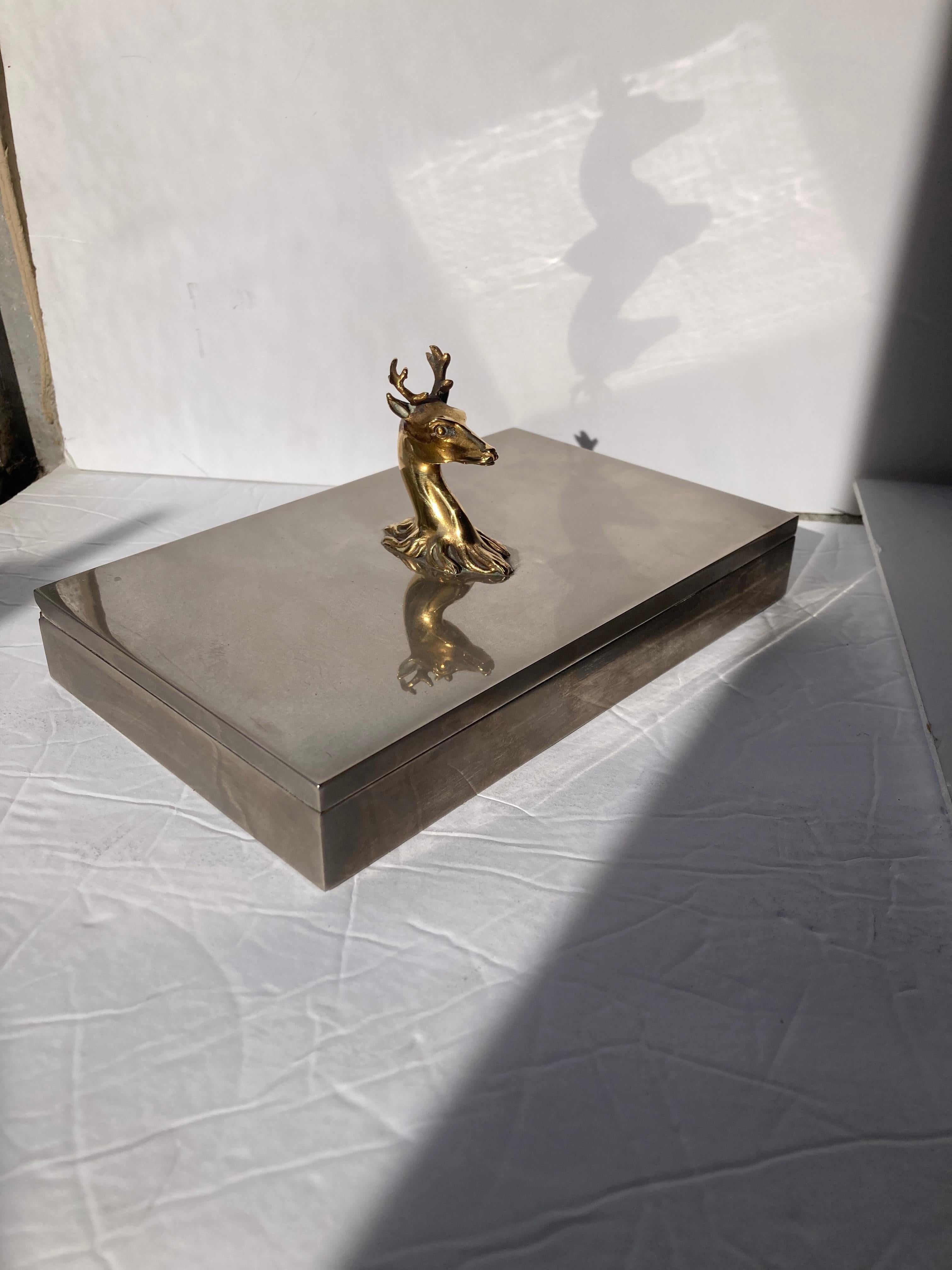 Hermes , Rare Box  , silvered metal with antler deer head in brass, trinket  For Sale 3