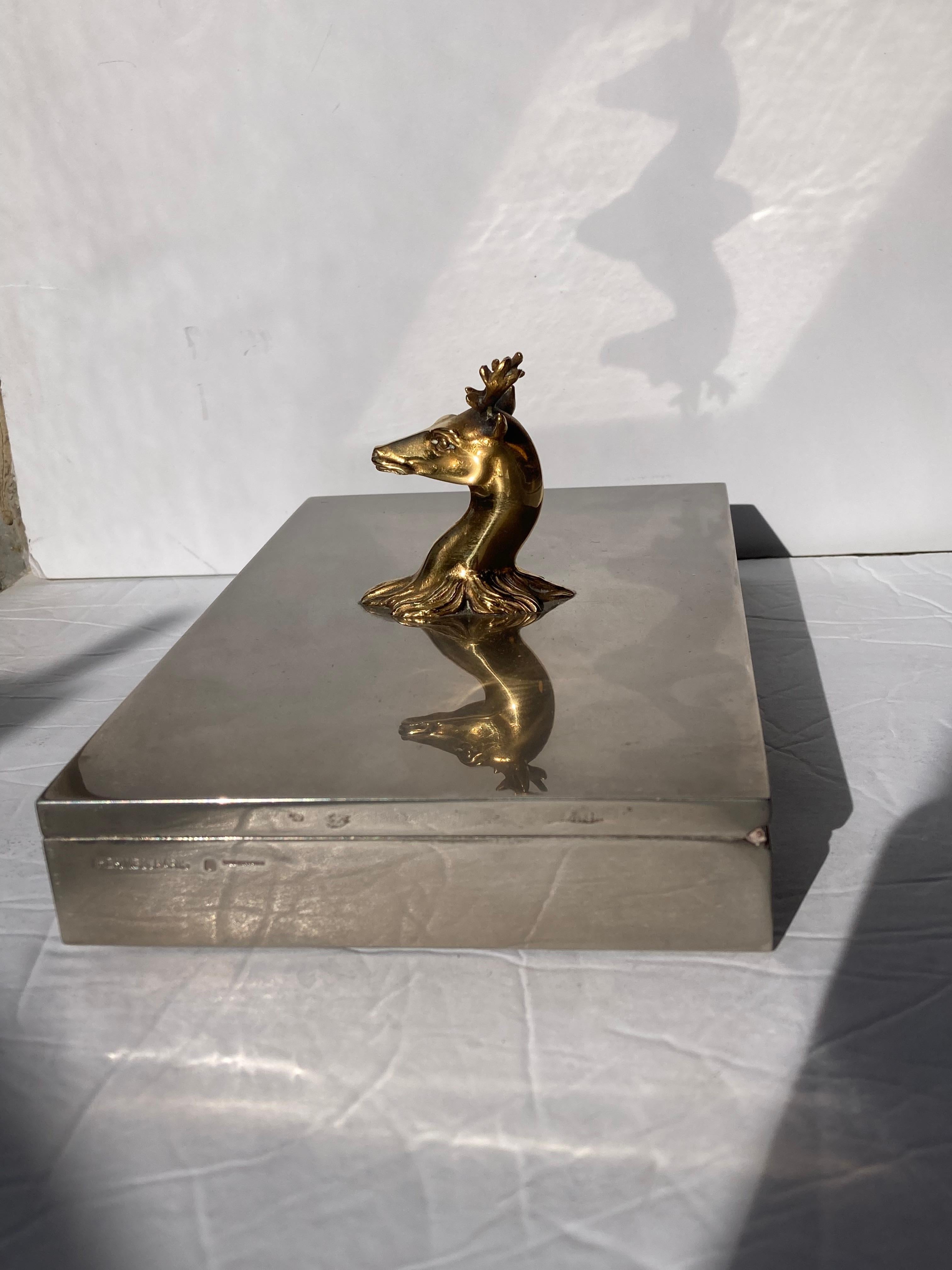 Modern Hermes , Rare Box  , silvered metal with antler deer head in brass, trinket  For Sale