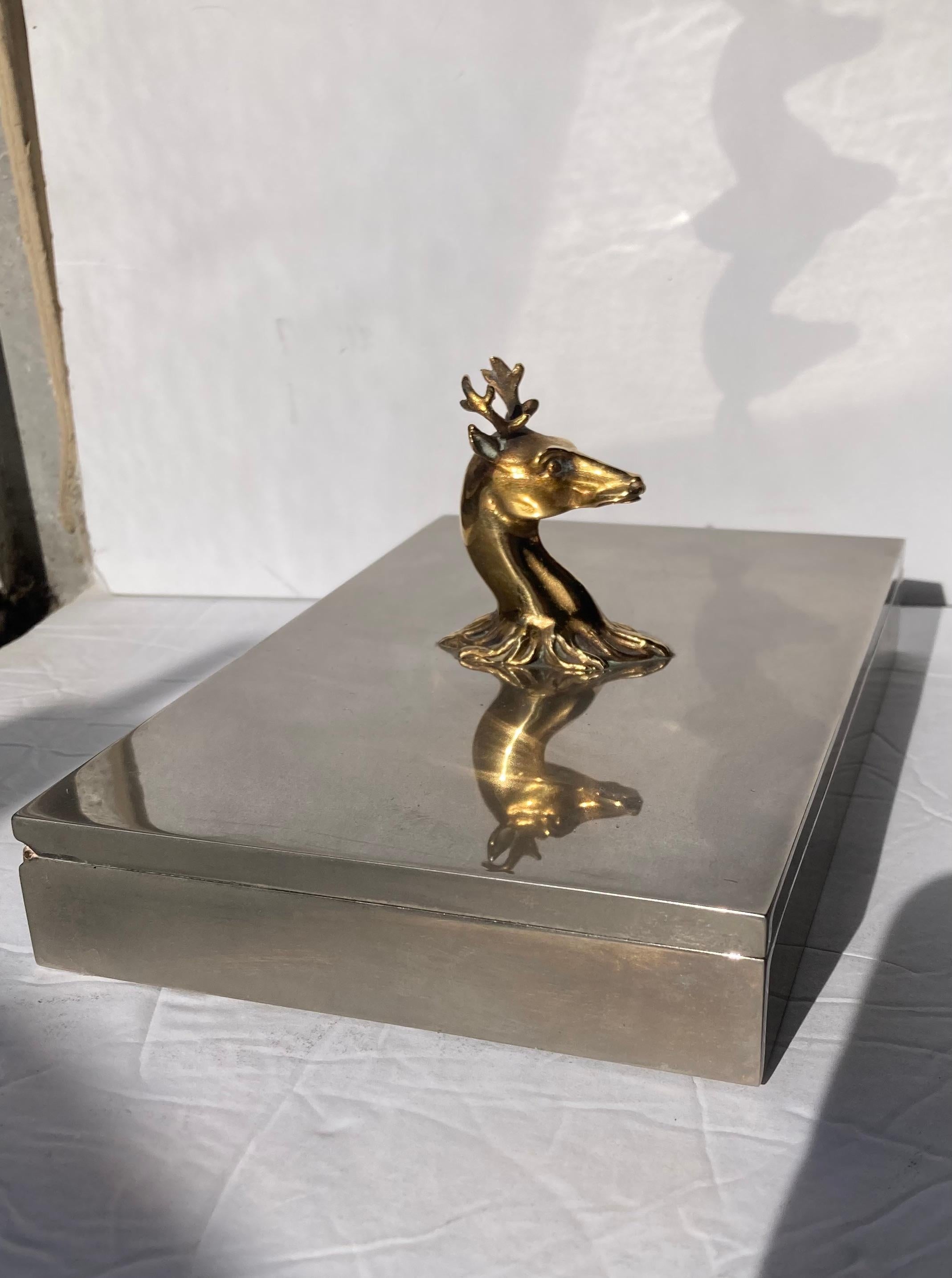 French Hermes , Rare Box  , silvered metal with antler deer head in brass, trinket  For Sale