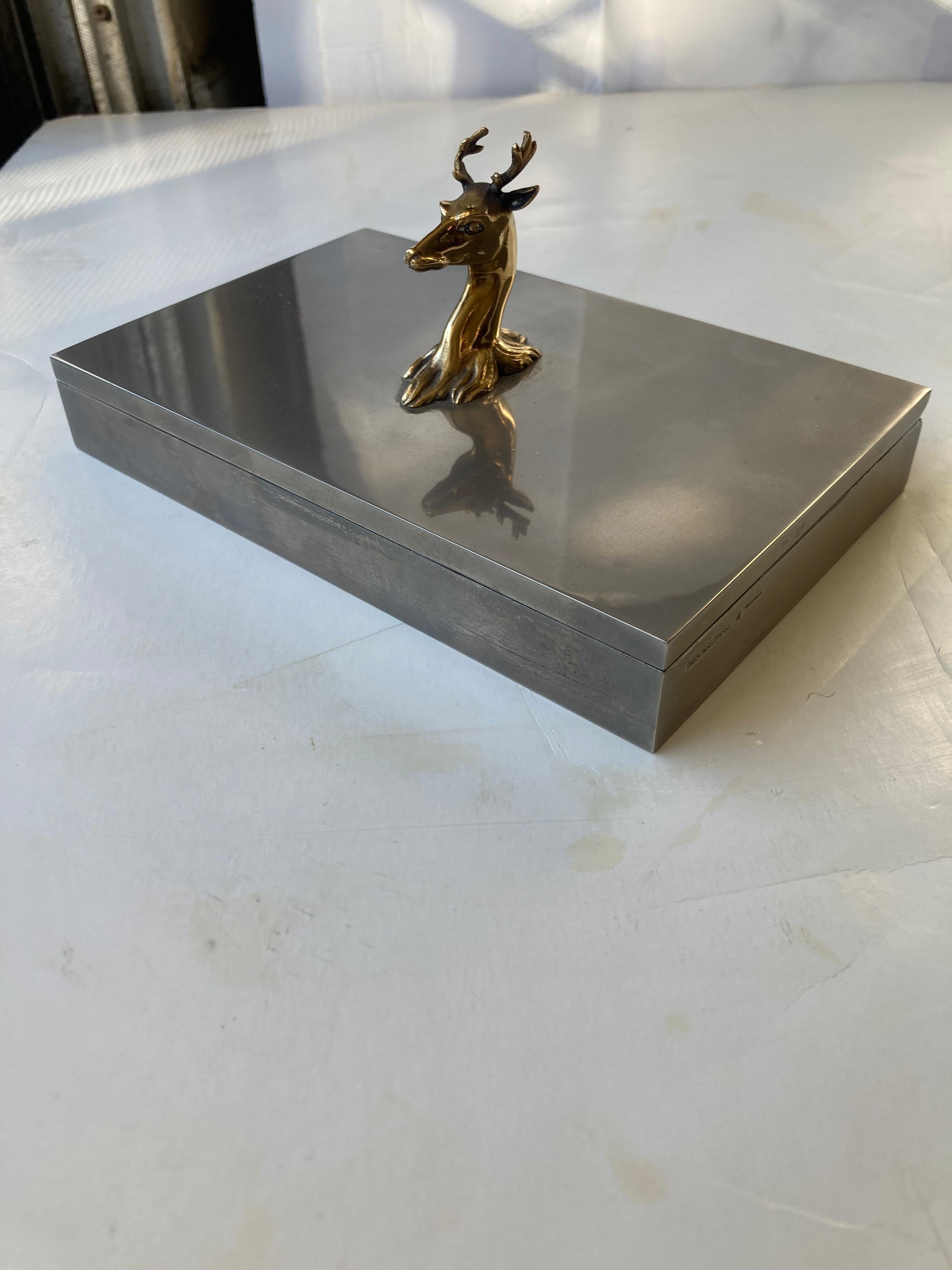 Mid-20th Century Hermes , Rare Box  , silvered metal with antler deer head in brass, trinket  For Sale