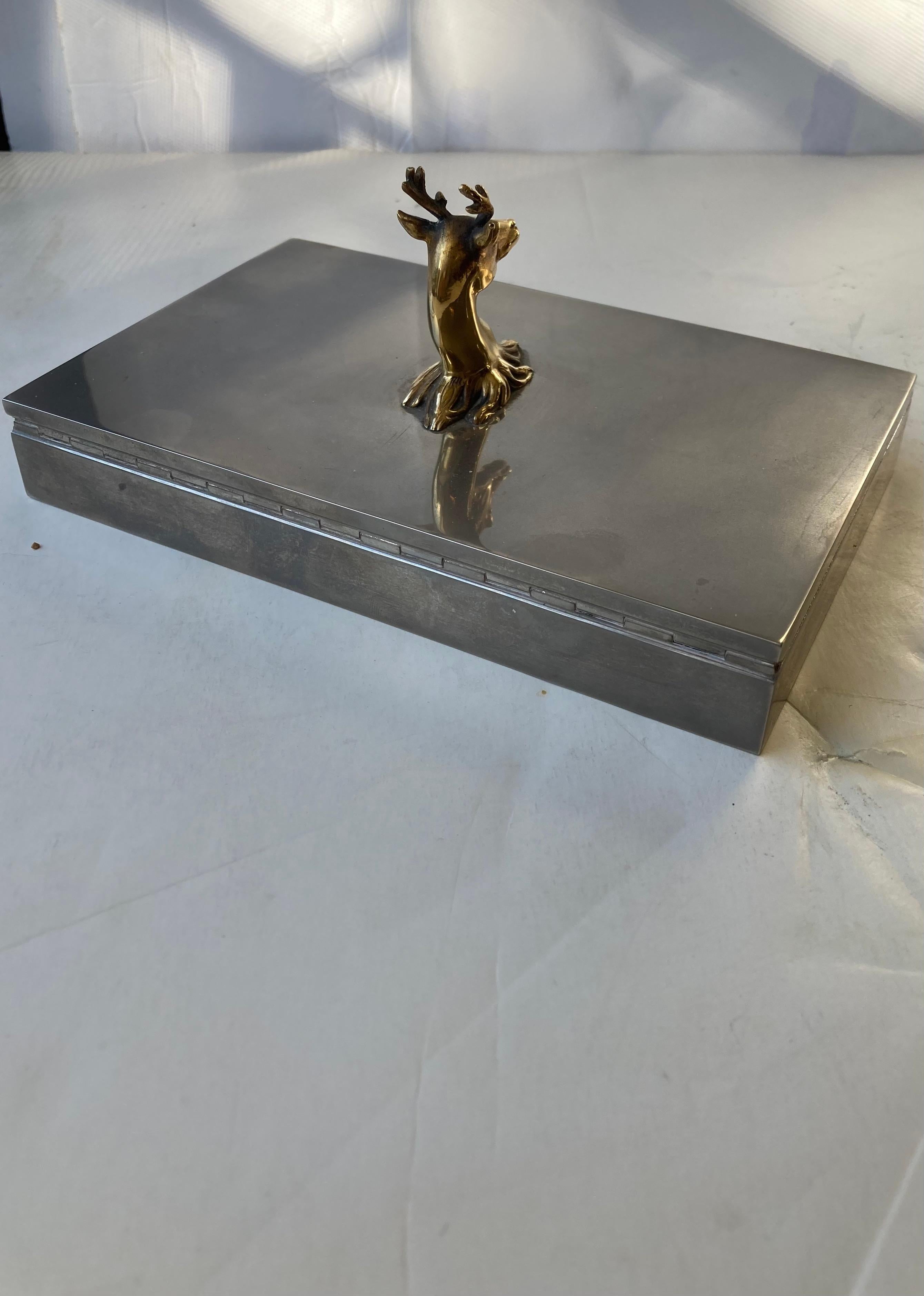 Metal Hermes , Rare Box  , silvered metal with antler deer head in brass, trinket  For Sale