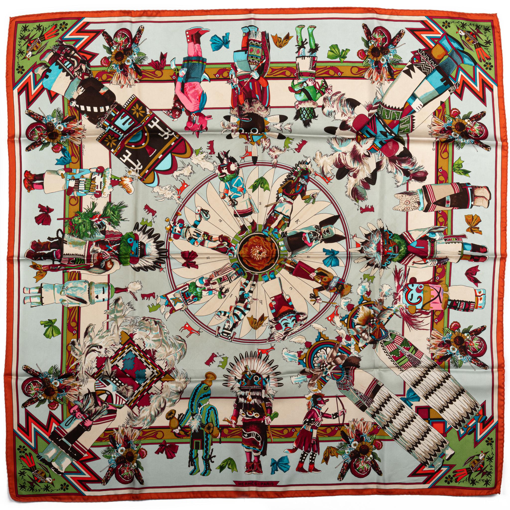 Hermès Rare Celeste Kachinas Seidenschal (Braun) im Angebot