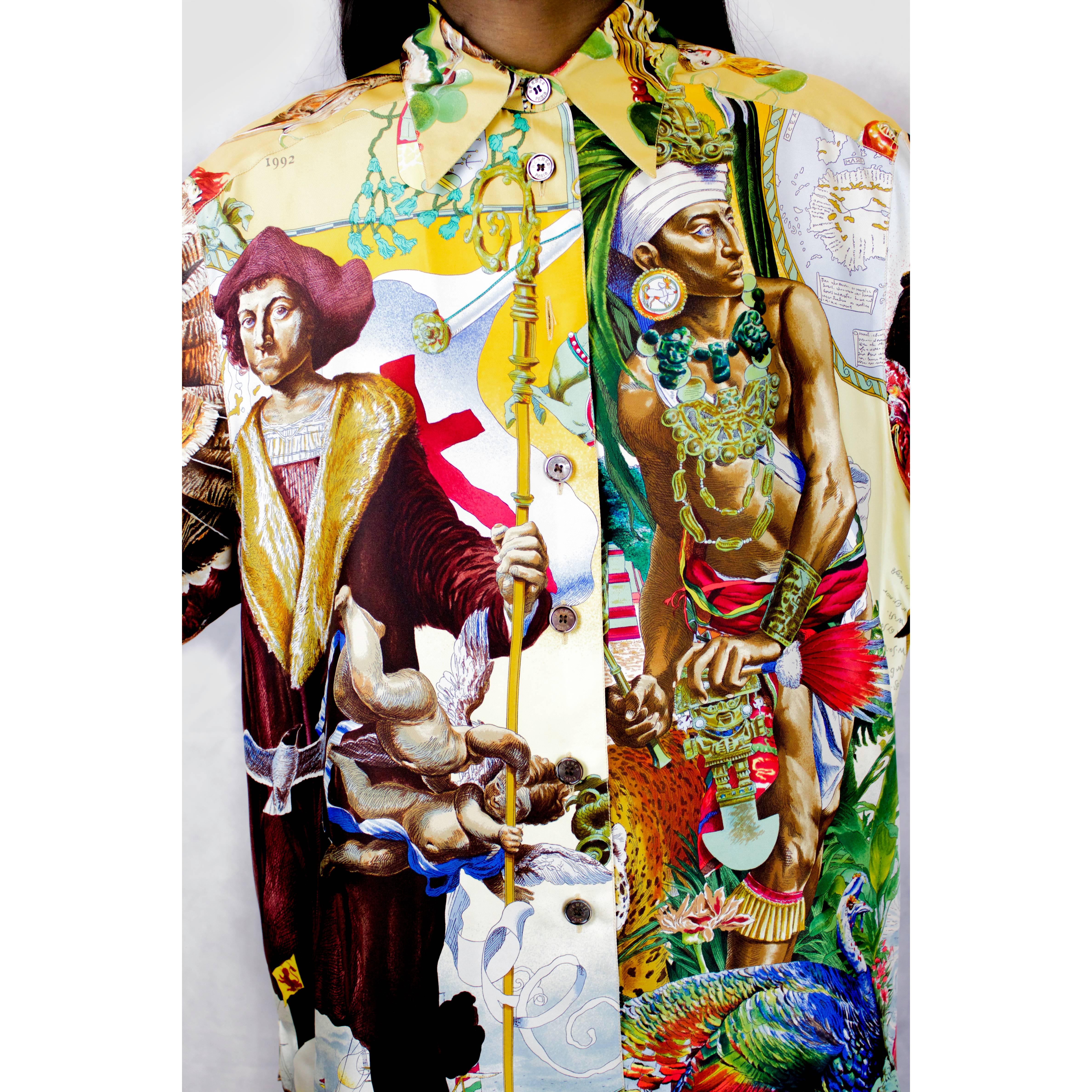 Beige Hermes rare fashion history silk shirt  art by kermit Oliver. Circa 1992