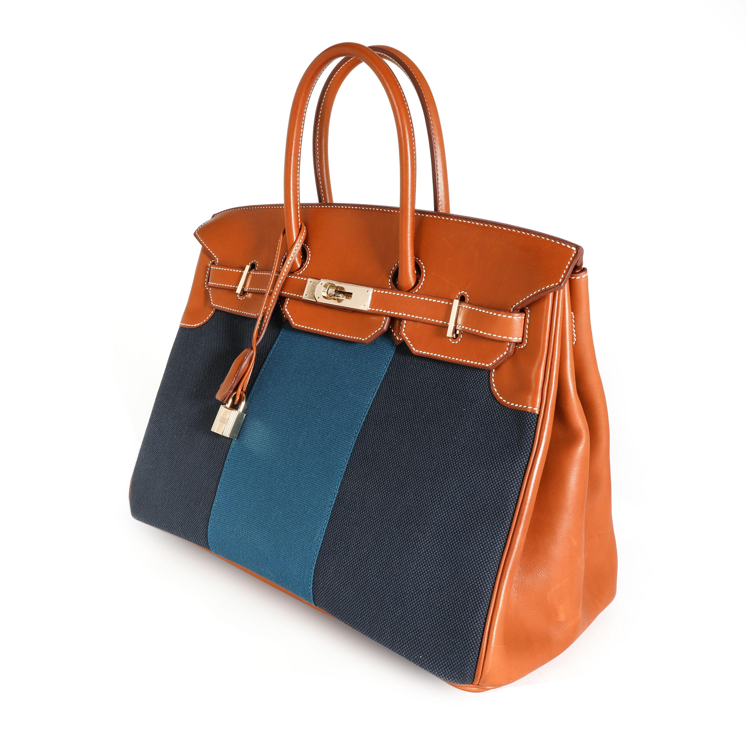 Seltene seltene Fauve Barenia, Bleu Indigo & Bleu Thalassa Toile Flagge Birkin 35 PBHW, Hermès (Schwarz)