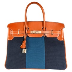 Seltene seltene Fauve Barenia, Bleu Indigo & Bleu Thalassa Toile Flagge Birkin 35 PBHW, Hermès
