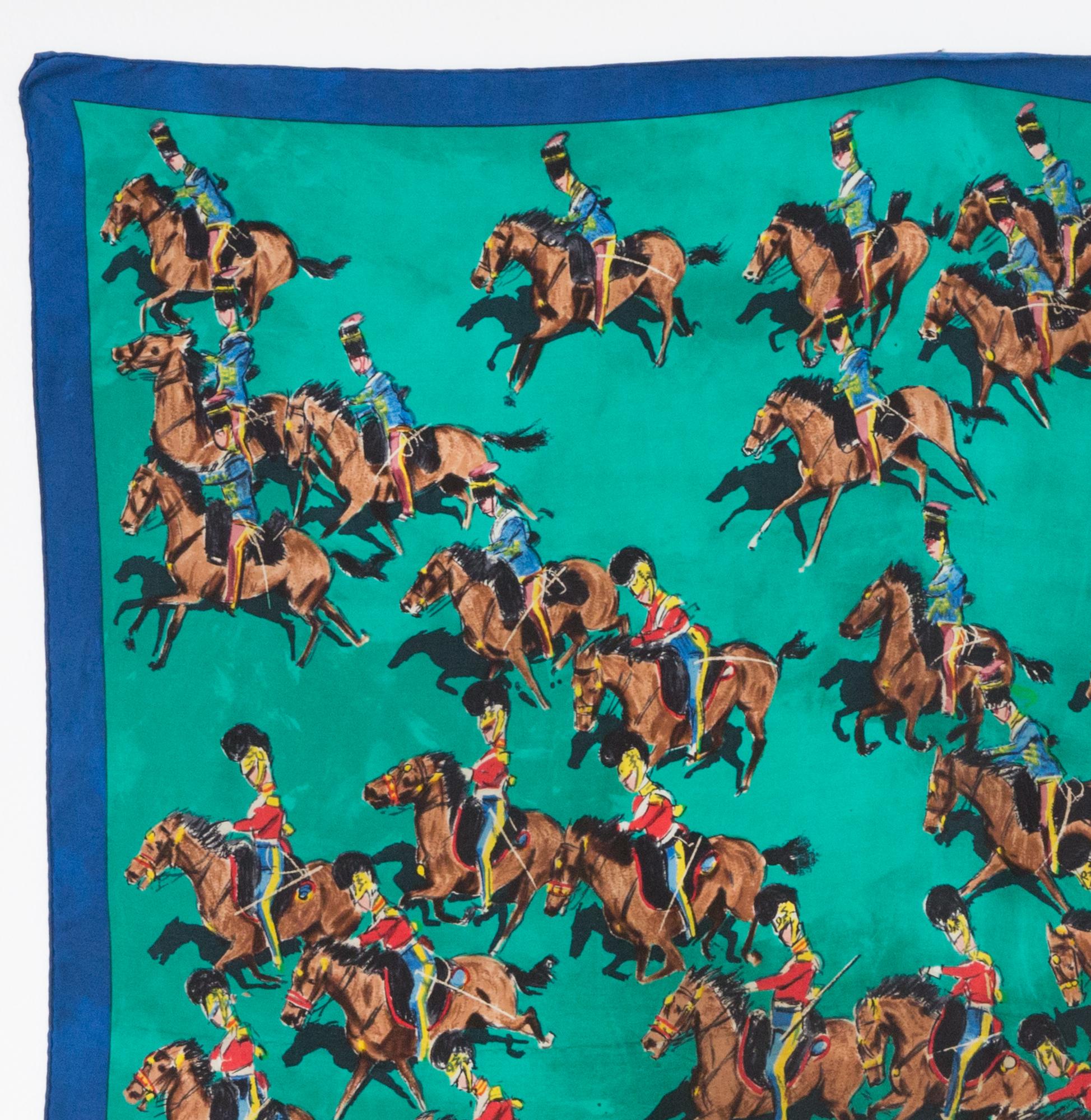 Hermes silk scarf Cavalcade la Charge by Lamotte (Gabriel Chefson 1920-2005) featuring a green ground.
Circa 1963
In good vintage condition. Made in France.
35,4in. (90cm)  X 35,4in. (90cm)
We guarantee you will receive this  iconic item as