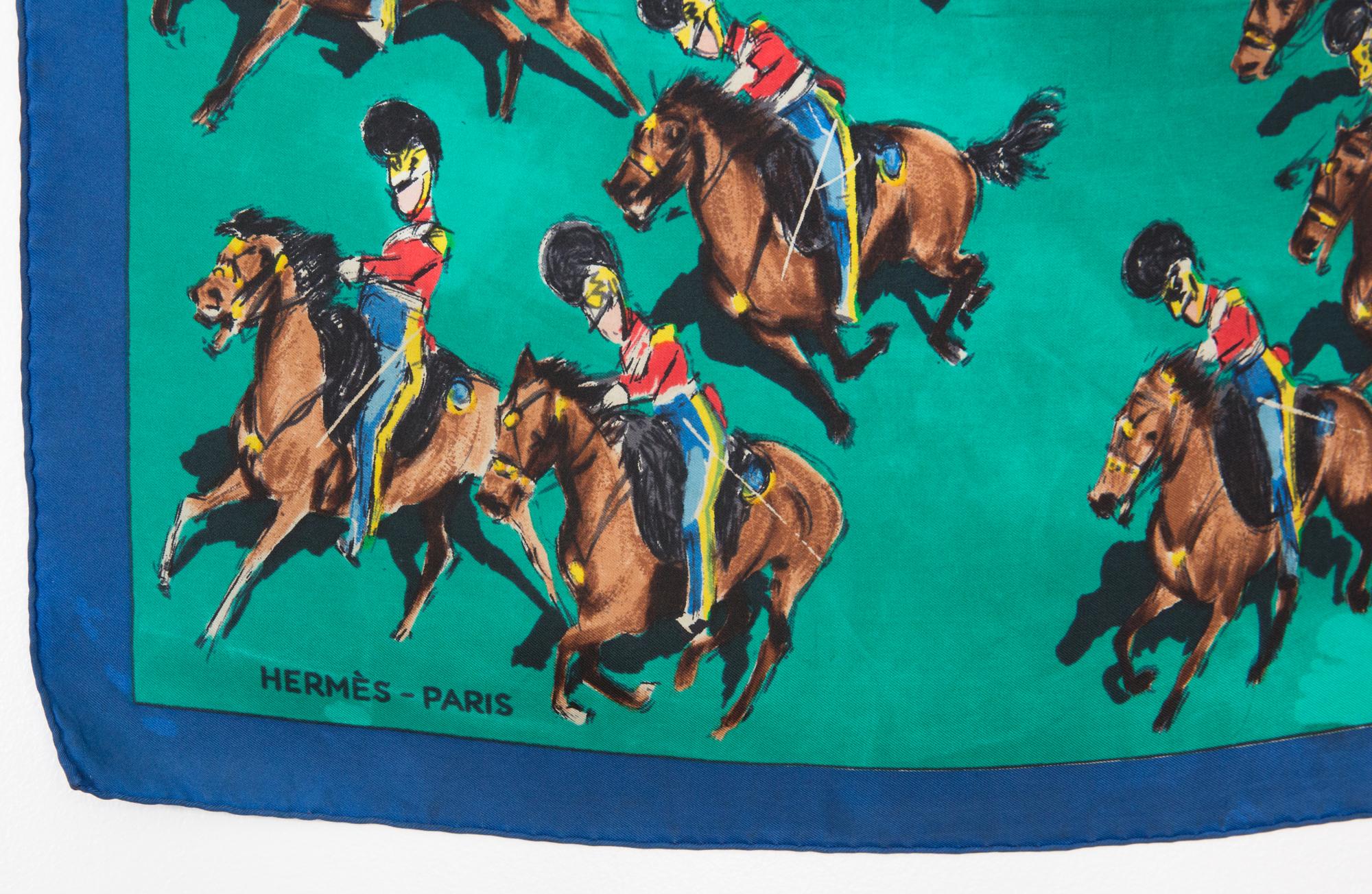Hermes Rare Green Cavalcade la Charge by Lamotte Silk Scarf In Good Condition In Paris, FR