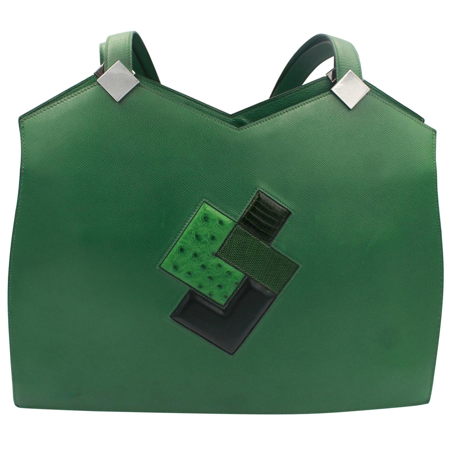 Hermes Rare Green Courchevel and Leather Patchwork Shoulder Bag For Sale