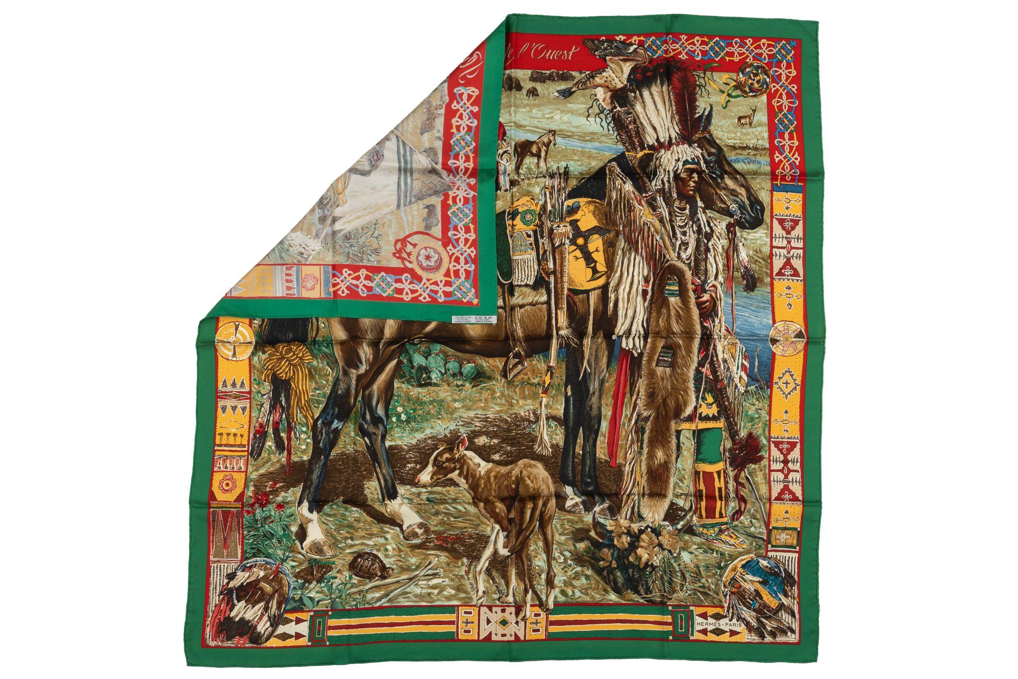 Hermes Les Cheyennes 100% Silk Scarf by Kermit Oliver. Features hand rolled hem. Comes with ribbon and original box.