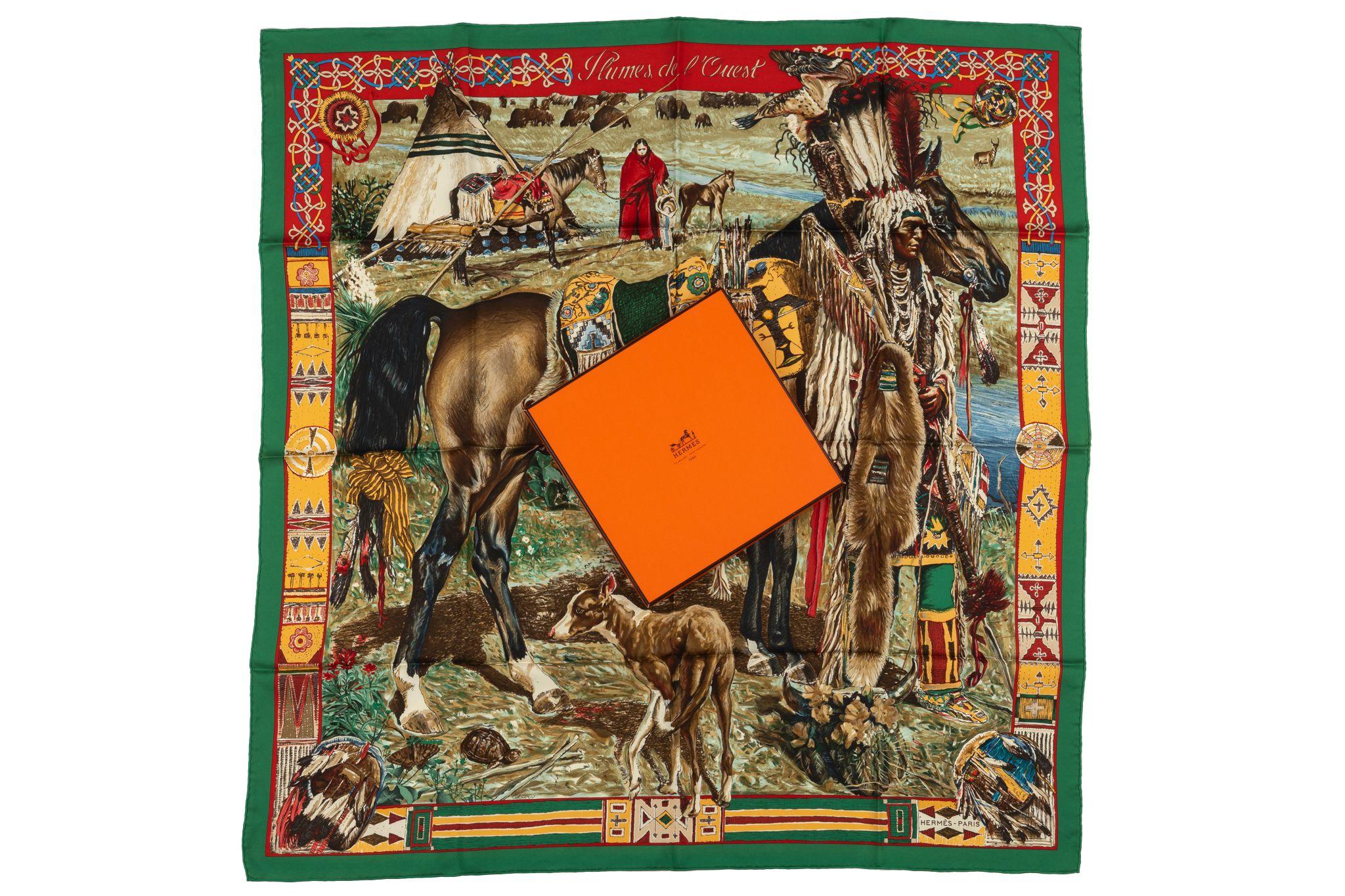 Hermes Rare Green Les Cheyennes Scarf For Sale 3