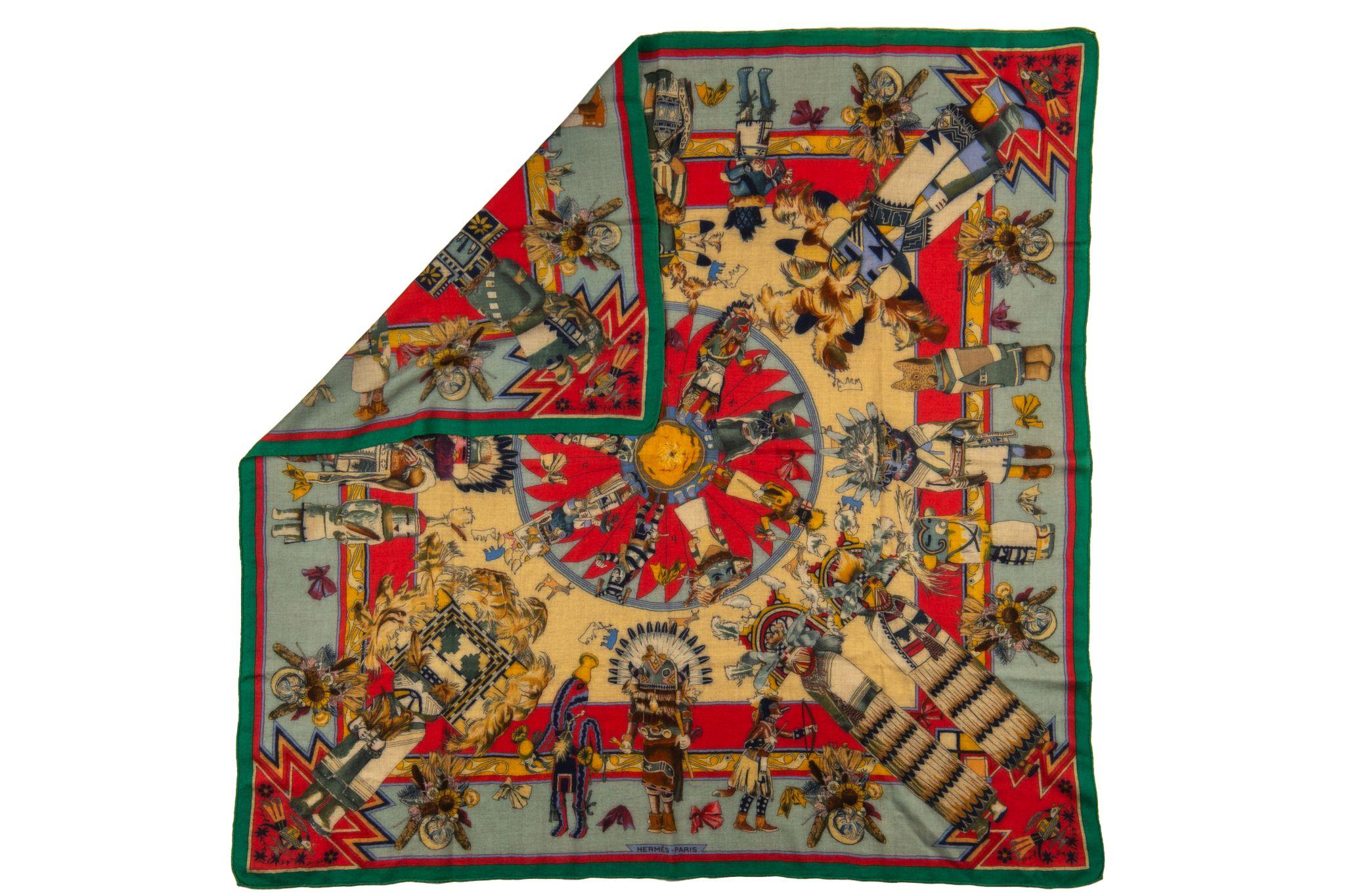 Hermes rare Kachinas silk/cashmere blend scarf is an oversize square shawl. Designed by US artist Kermit Oliver. Comes without box.