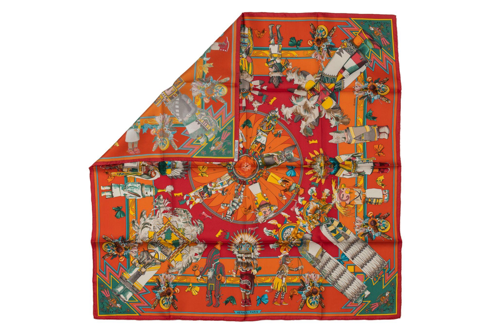Hermès 100% silk twill Kachinas scarf by designer, Oliver. Excellent condition. Signature 35