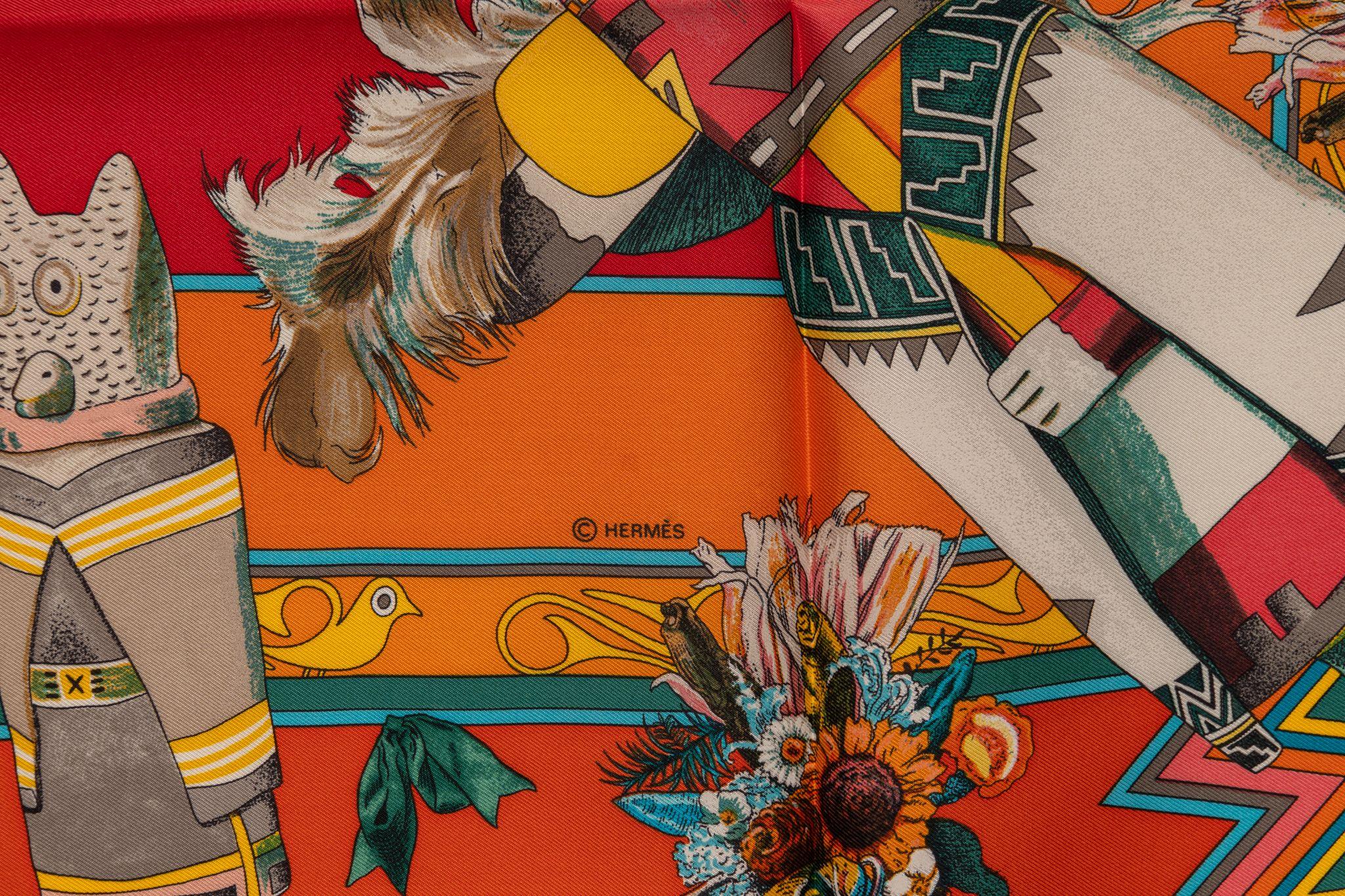 Brown Hermès Rare Kachinas Tribal Silk Scarf For Sale