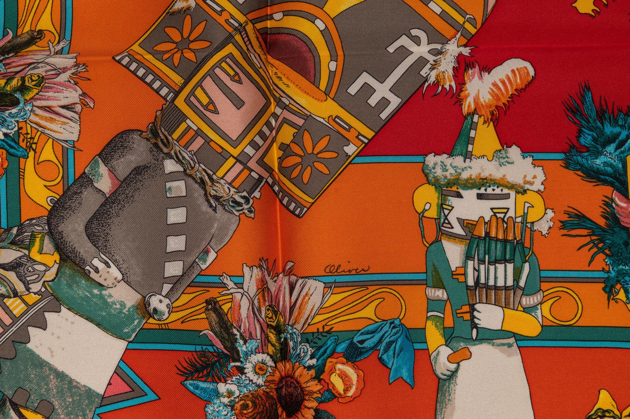 Hermès Rare Kachinas Tribal Silk Scarf In Excellent Condition For Sale In West Hollywood, CA