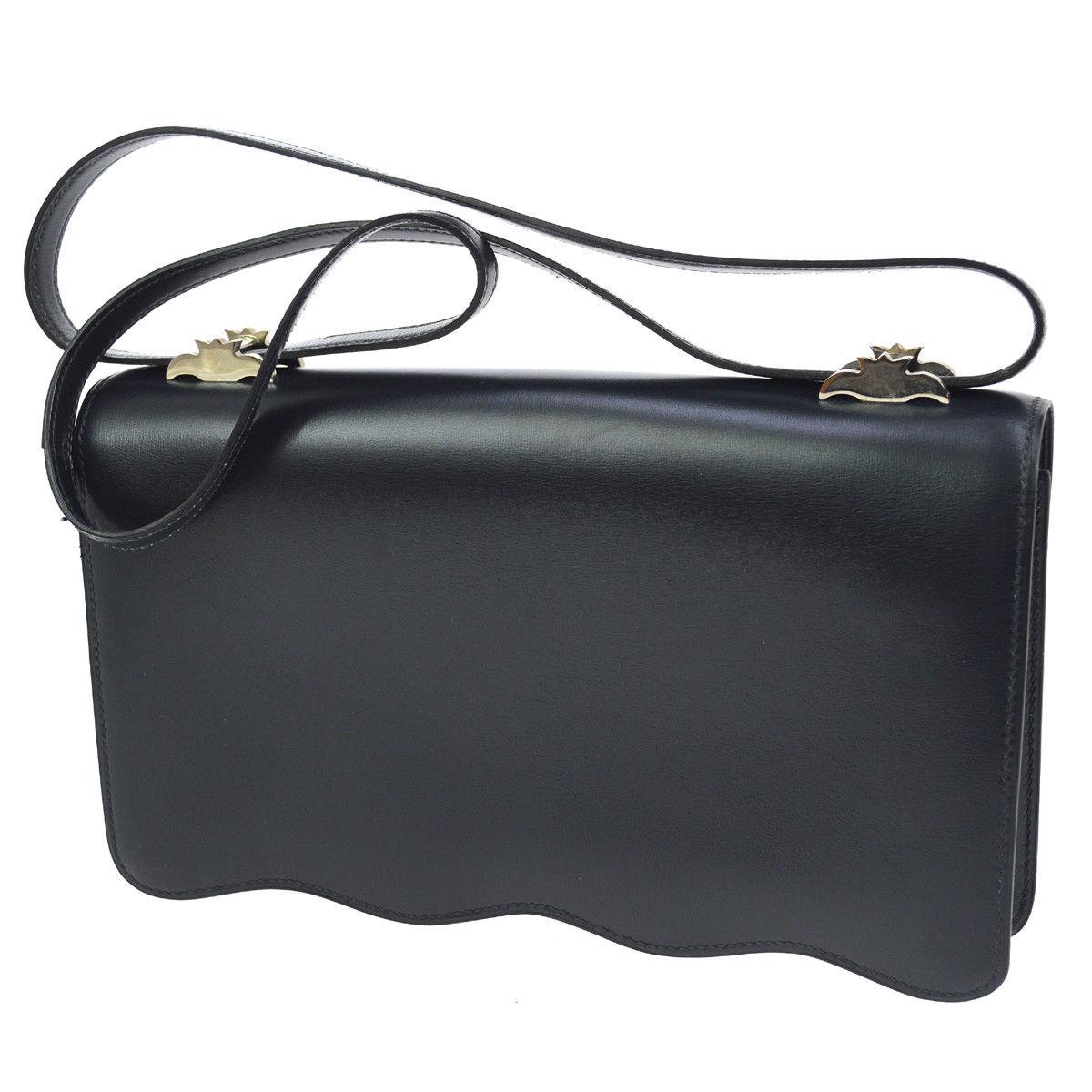 Black Hermes Rare Midnight Leather Silver Charm PALM Evening Shoulder Flap Bag