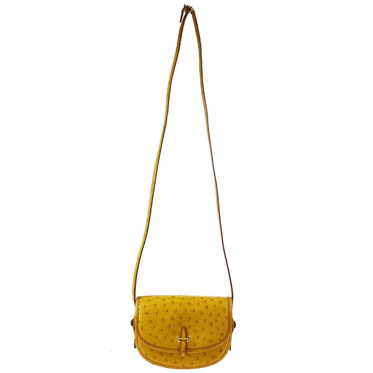 Hermes Rare Mustard Ostrich Leather Gold Small Mini Shoulder Flap Bag In Good Condition In Chicago, IL